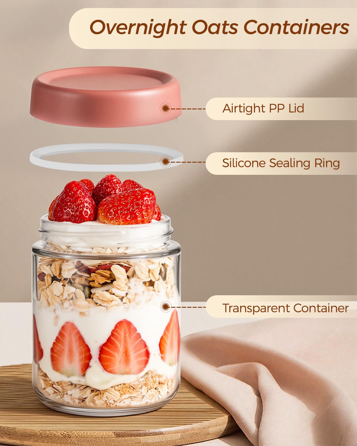 Overnight Oats Jars, Thyme Space 4 pack 500ml/16 oz Overnight Oatmeal Container with Lid for Homemade Yogurt Oatmeal Salad Jam Pudding