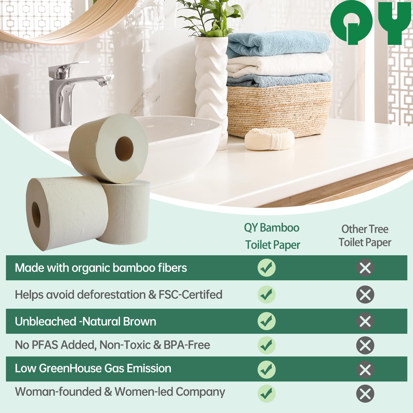 QingYa Premium Bamboo Toilet Paper 12 Mega Rolls, 3 ply, Septic Safe,Plastic-Free,Unbleached Brown,Tree-Free,Soft and Absorbent,Bathroom Tissue Rolls
