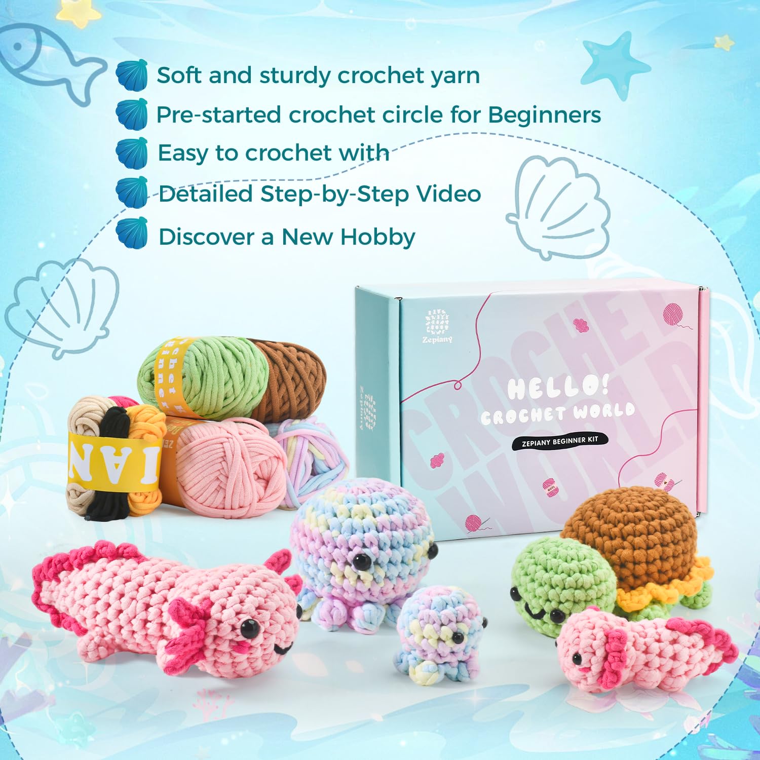 Crochet Kit for Beginners, 5 Pack Amigurumi Beginner Crochet Kit, Crochet Turtle Axolotl Octopus kit Crochet for Beginners, Crochet Animals Knitting Kit with Step-by-Step Video, Crafts for Adults