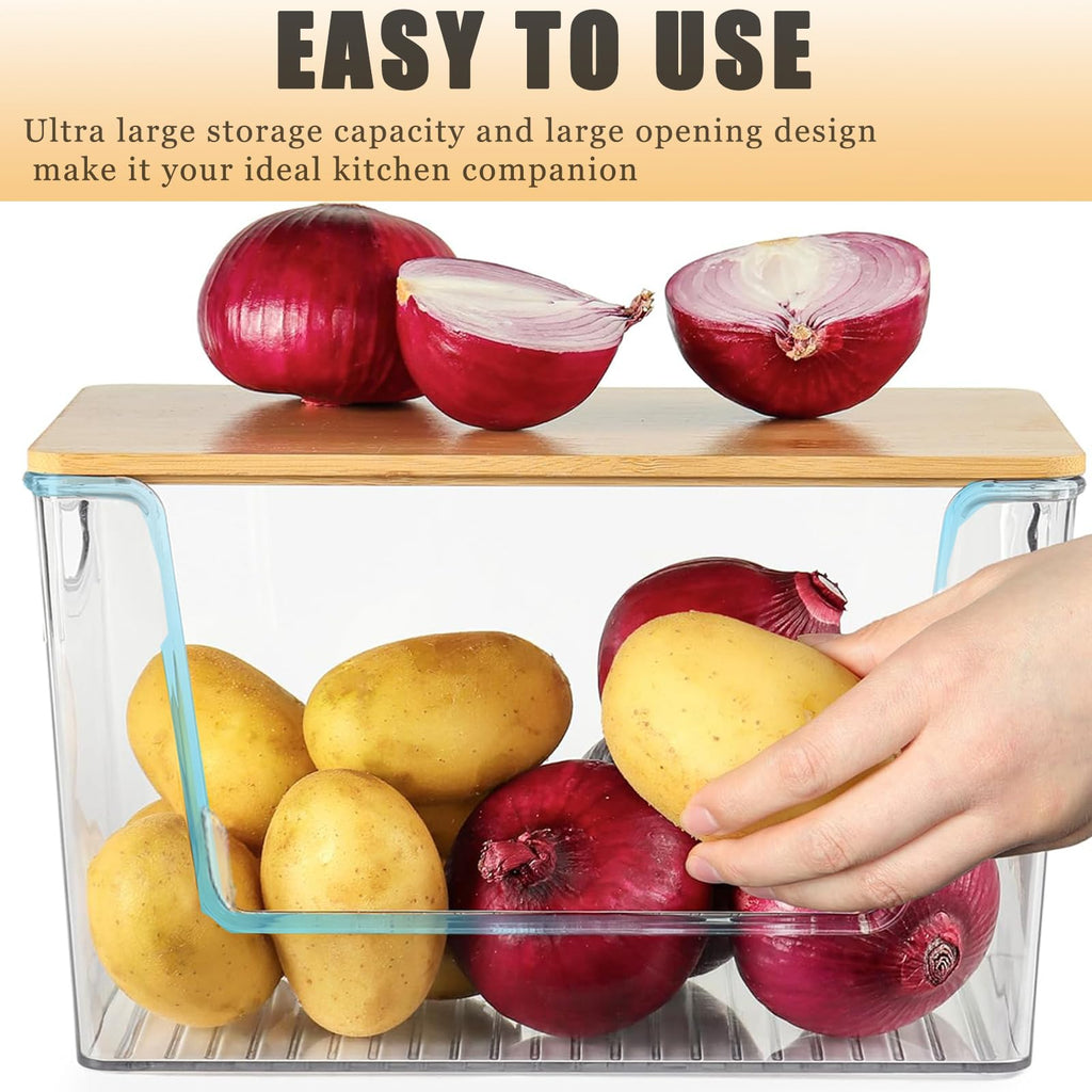 Pantry Organizers Storage Heavy-duty Ultrathick, THASOK 2 Set Kitchen Cupboard Organizers Upgraded Fence design, Stackable Baskets Storage with Bamboo Top for Onion,Potato,Fruits,Produce,Vegetable