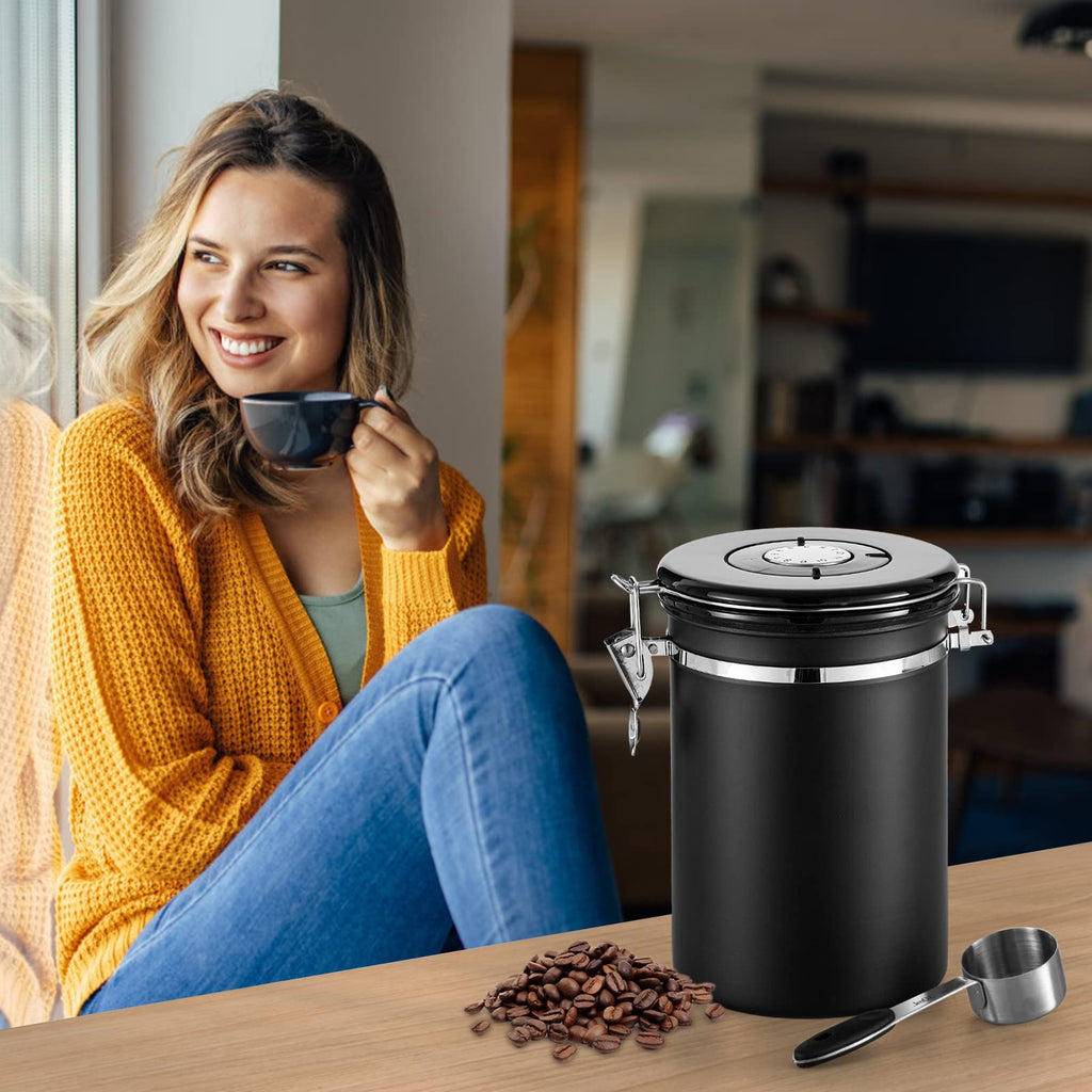 Airtight Coffee Canister, Stainless Steel Coffee Beans and Grounds Storage Container with Date Tracker, Scoop, 6Pcs CO2 Valves, for Beans, Grounds, Tea, Sugar, Black