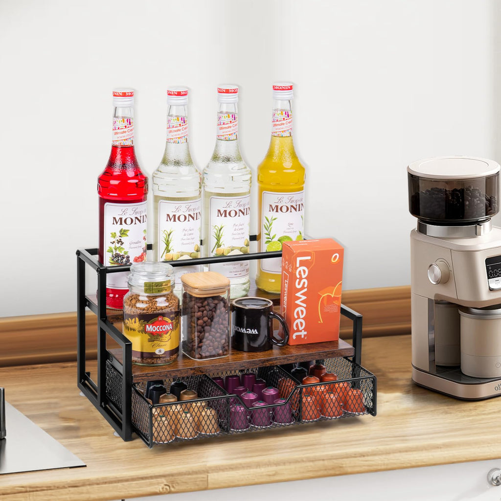 Wetheny Coffee Syrup Organizer for Coffee Bar, 3-Tier Coffee Station Organizer with K Cup Storage Basket for Countertop