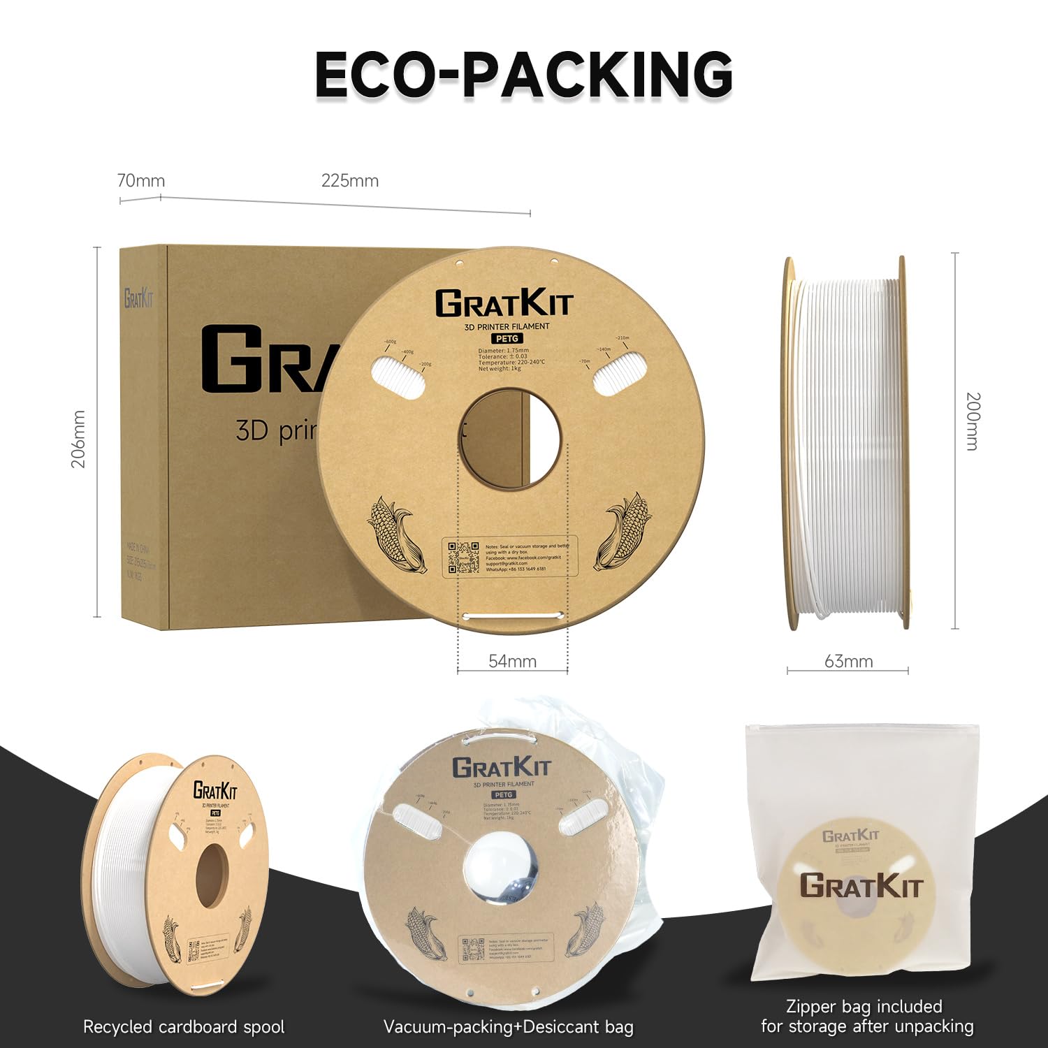 GratKit PETG 3D Printer Filament 1KG, PETG Filament 1.75mm, 3D Printing Filament PETG White