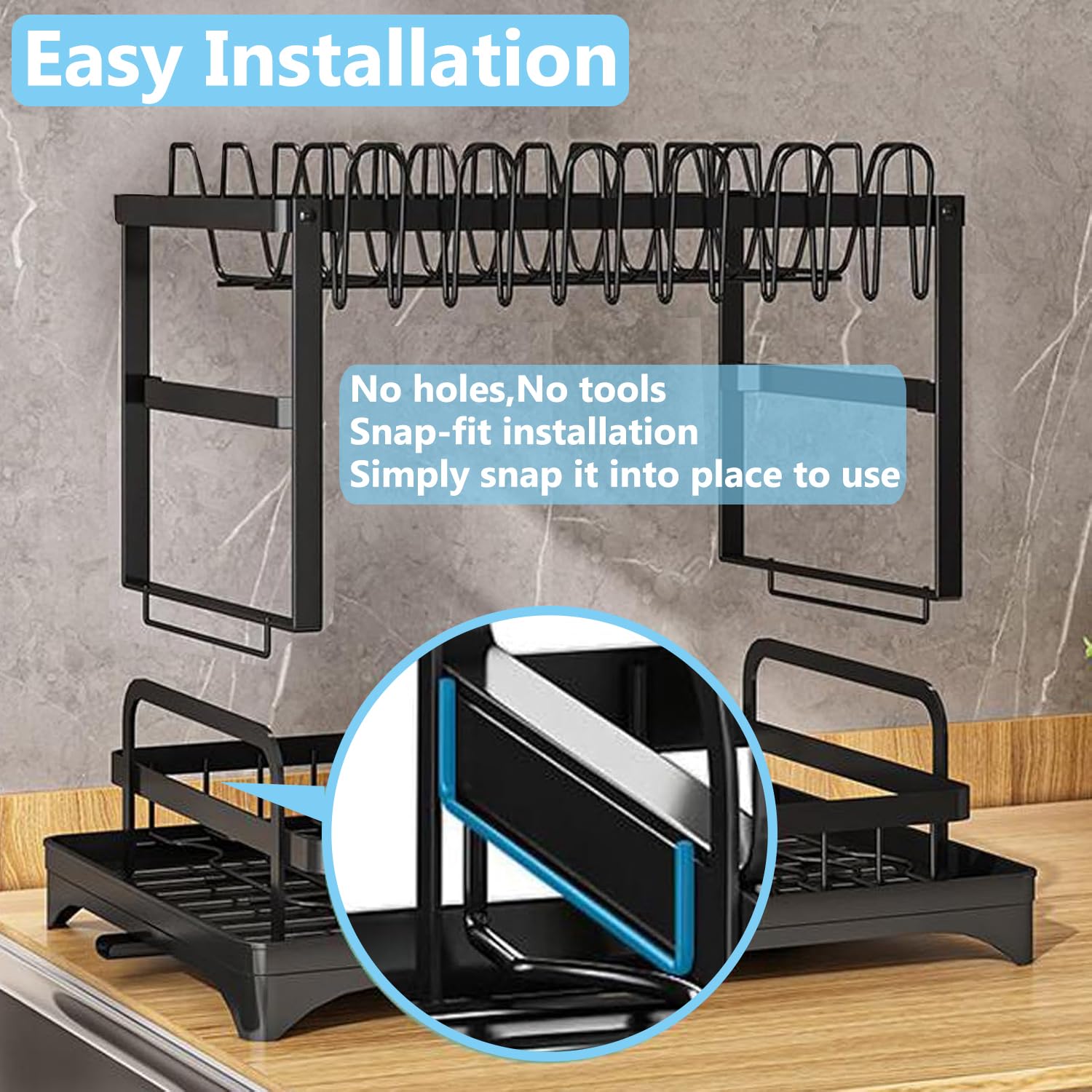 Dish Drying Rack,2 Tier Drying Rack Kitchen with Drainboard,Large Capacity Dish Drainer Organizer Shelf with Utensil Holder, Cup Rack for Kitchen Counter (Black)