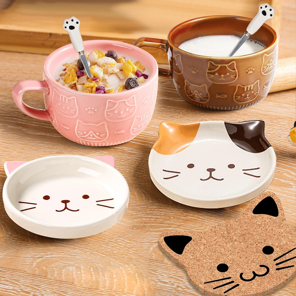 Gifts for Women,Pink Cat Kawaii Coffee Mugs with Lids,Christmas Birthday Gifts for Girls,Friends,Mom,Novelty Animal Ceramic Tea Cup,Dessert Saucer Set