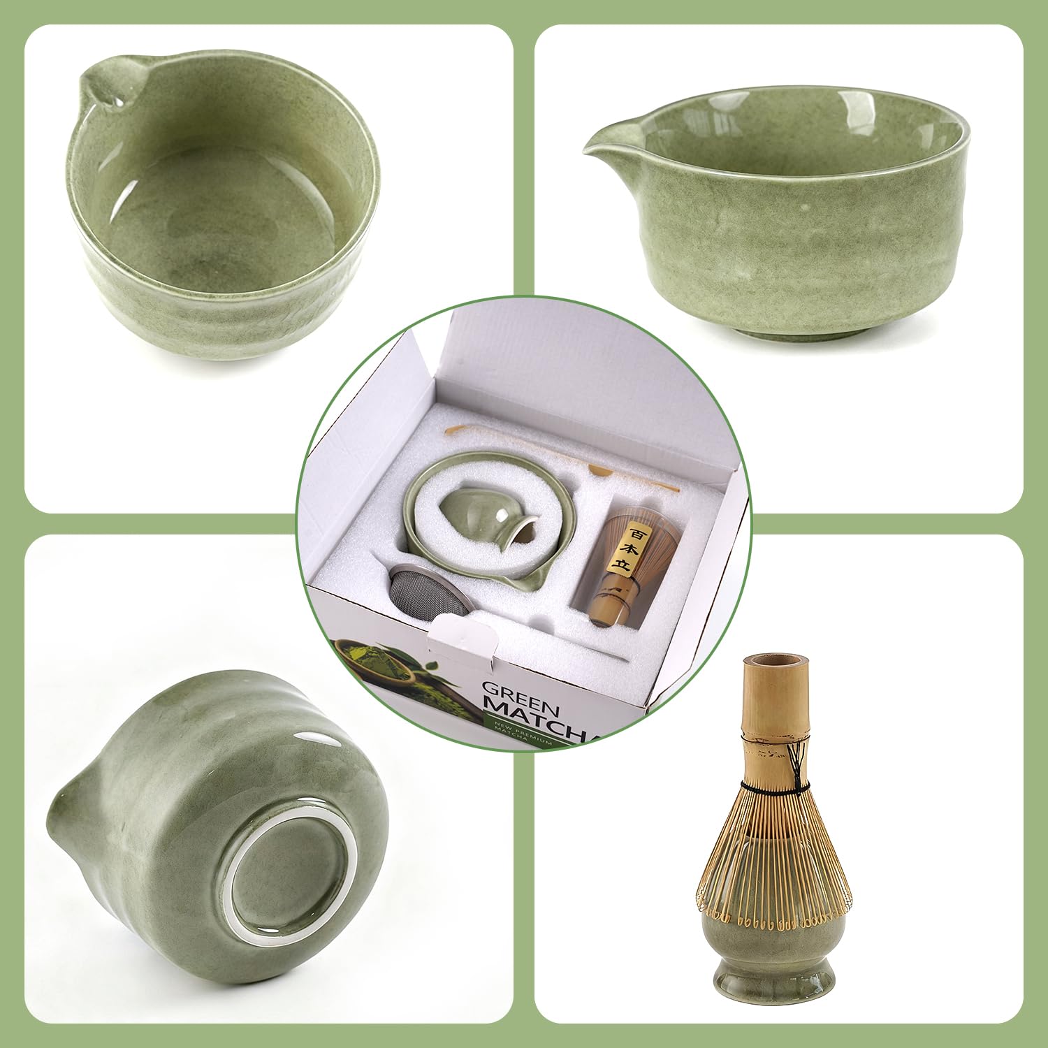 Matcha Whisk Set, Matcha Kit Japanese Tea Set Includes Matcha Bowl with Spout, Matcha Whisk Holder (Chasen), Bamboo Matcha Whisk and Bamboo Scoop, Ceramic Matcha Kit for Tea Lovers