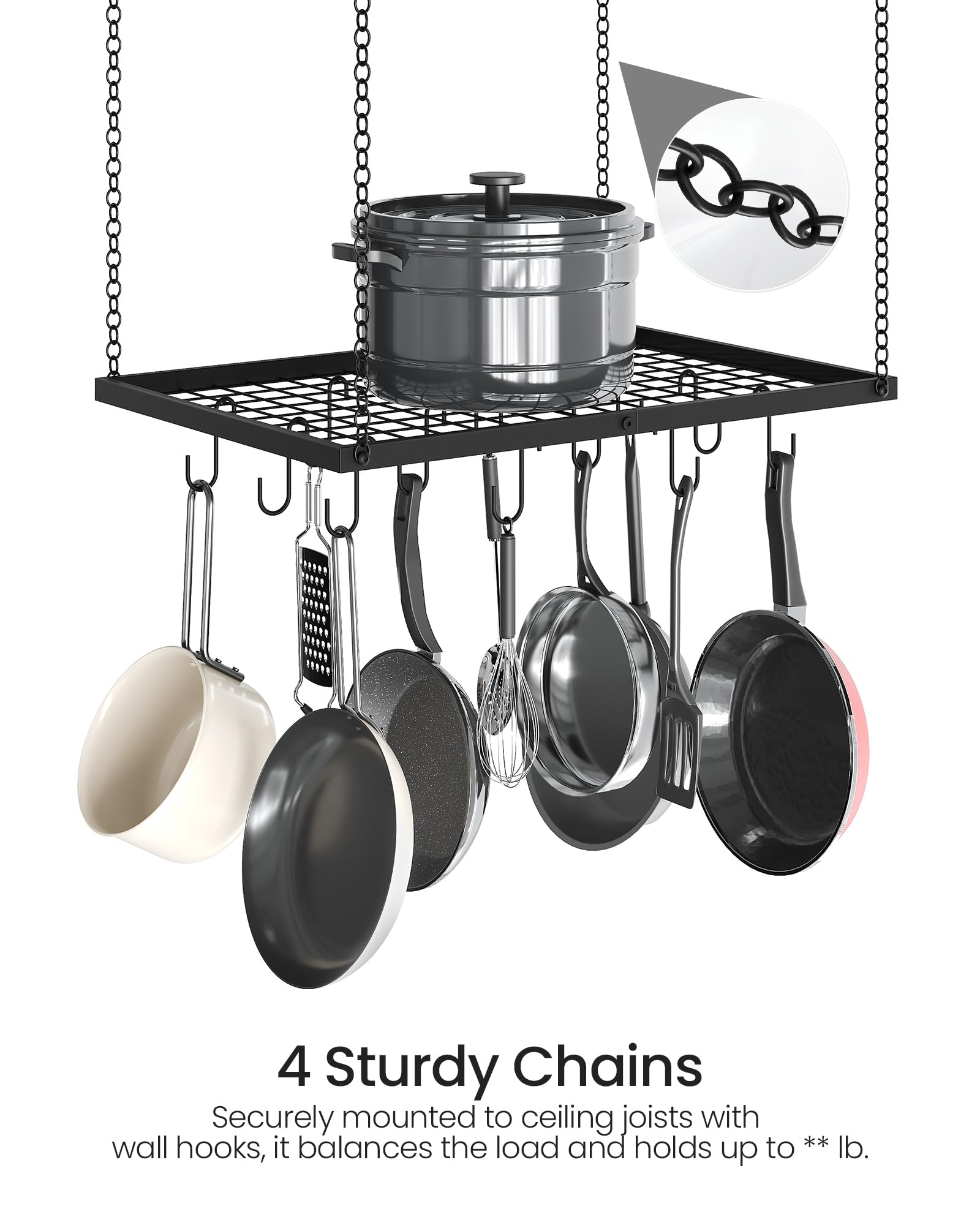 Hanging Pot Rack, Ceiling Mounted Pot Hanger for Kitchen, Metal Cookware Storage Organizer with 12 Hooks, for Storage of Cookware, Utensils in Kitchen, Black TPR03BB