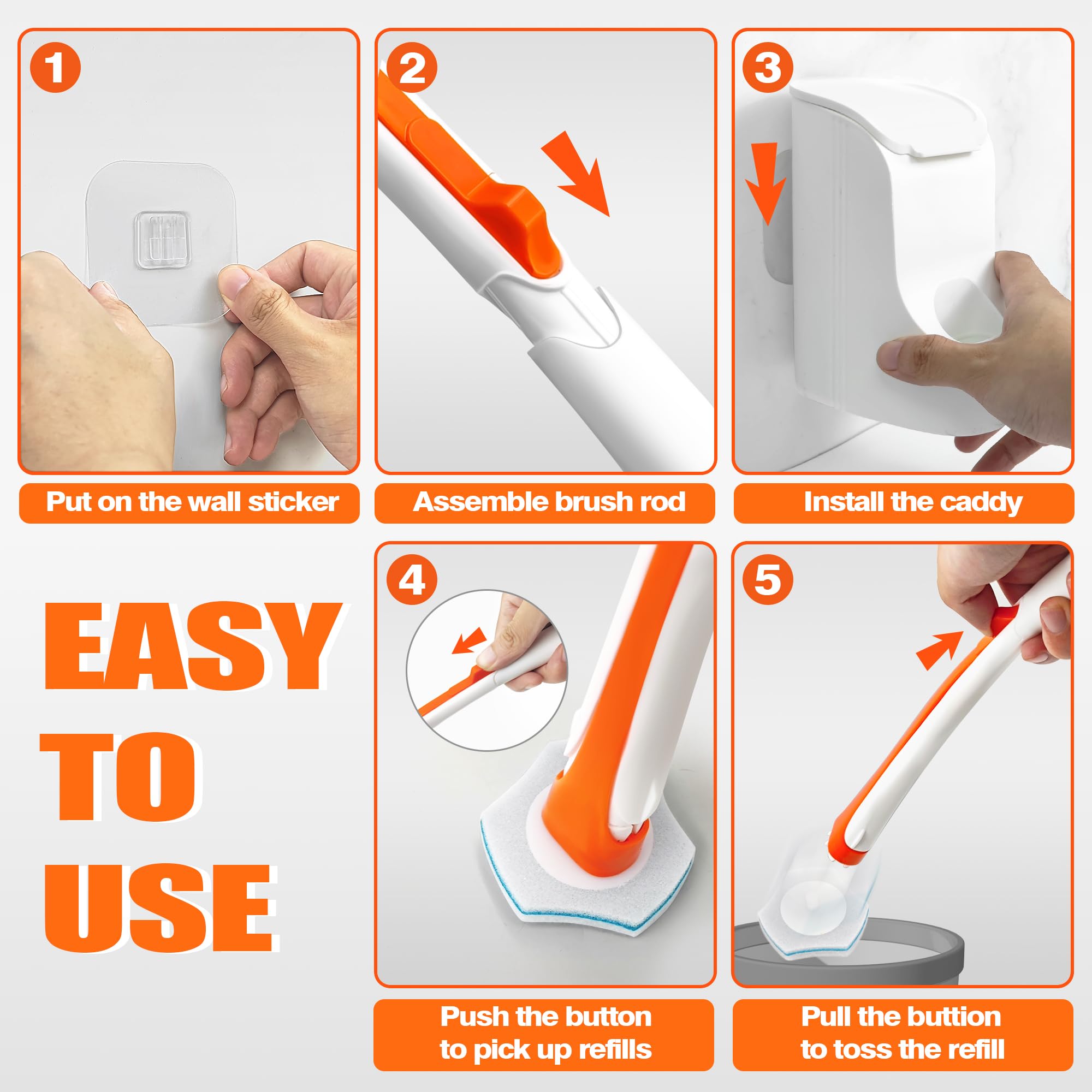 Dolanx Disposable Toilet Brush with 40 Refills, Wall Mounted Long Handle Compact Bathroom Bowl Cleaner Wand Holder Set for Sink Bathtub Wash Basin Mop Pool (Orange)
