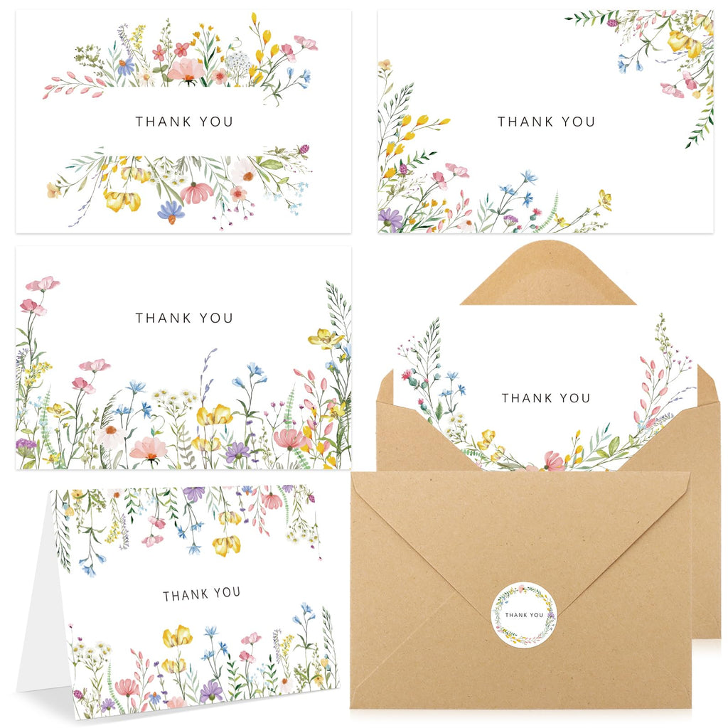 Lemicin 100 Packs Wildflower Thank You Cards with Envelopes -4x6 Inches Thank You Letter Set with Envelopes and Stickers for Birthday Parties Baby Showers Bridal Weddings Graduation Ceremonies