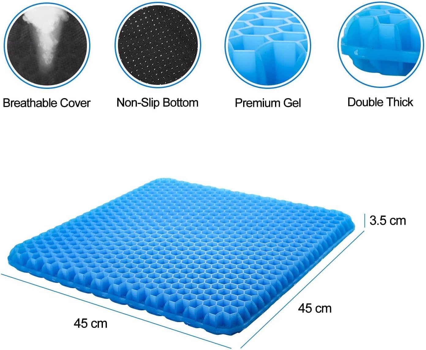Large Gel Seat Cushion for Long Sitting with 2 Non-Slip Cover-45 x 45cm,Extra Comfort for Stadium,Airplane,Office Chair,air Plane,bleacher,Booster,car,Sporting Events,Wheelchair seat Cushion