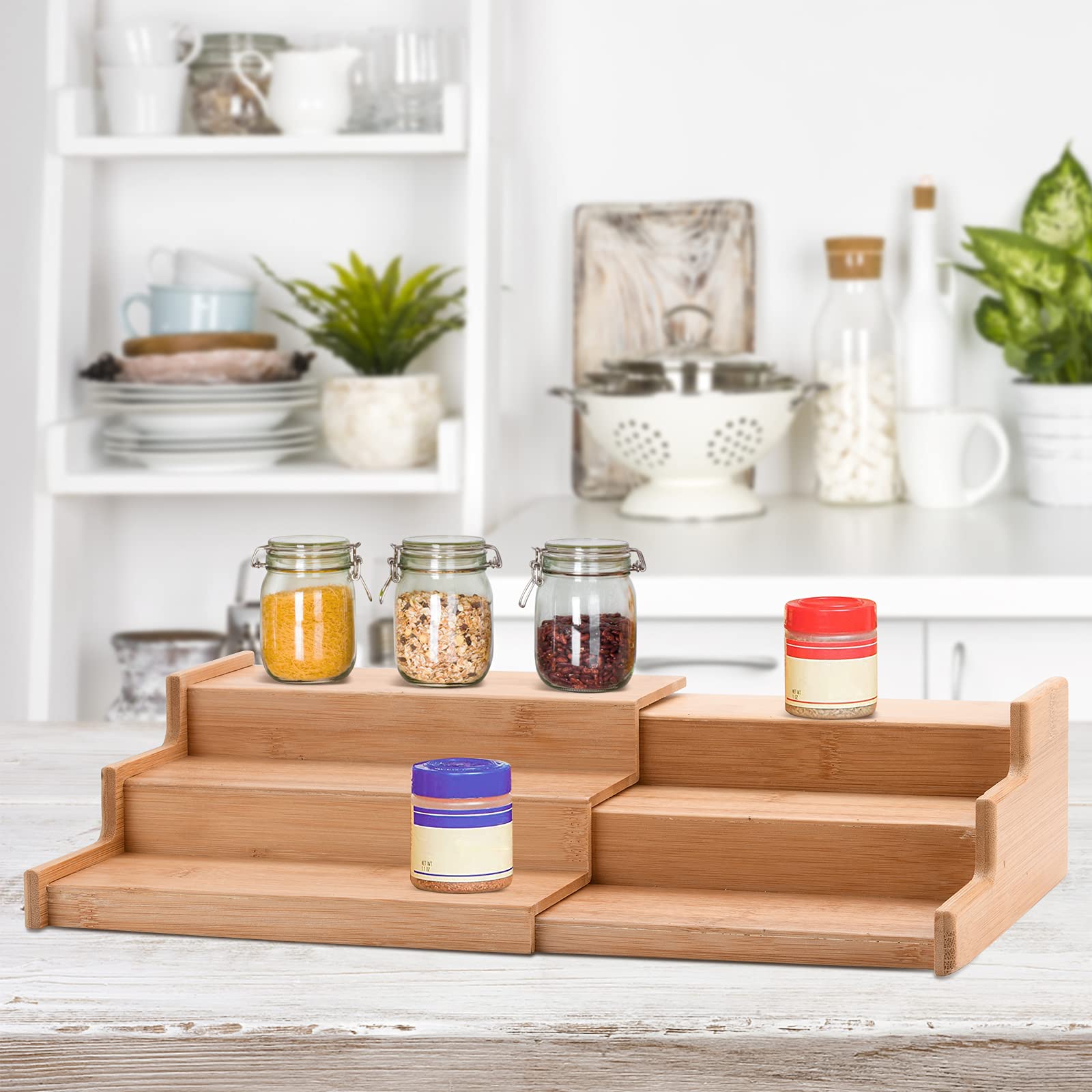 BWOLE Spice Drawer Organizer 3 Tier Bamboo Expandable Spice Shelf Organizer Spice Rack Organizer for Kitchen Cabinet Storage,White