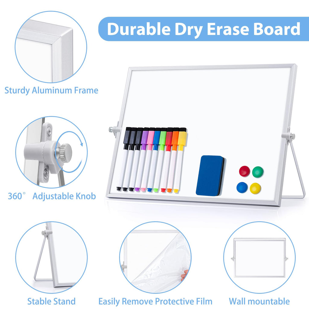 Dry Erase White Board with Stand, ARCOBIS 12" x 16" Weekly Double-Sided Desktop Whiteboard 10 Markers, 4 Magnets, 1 Eraser, Portable Magnetic Dry Erase Calendar for Planning, to Do List, Memo, School