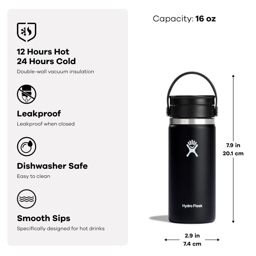 Hydro Flask 16 Oz Stainless Steel Wide Mouth Hot Water Bottle with Leakproof Flex Sip Lid, White