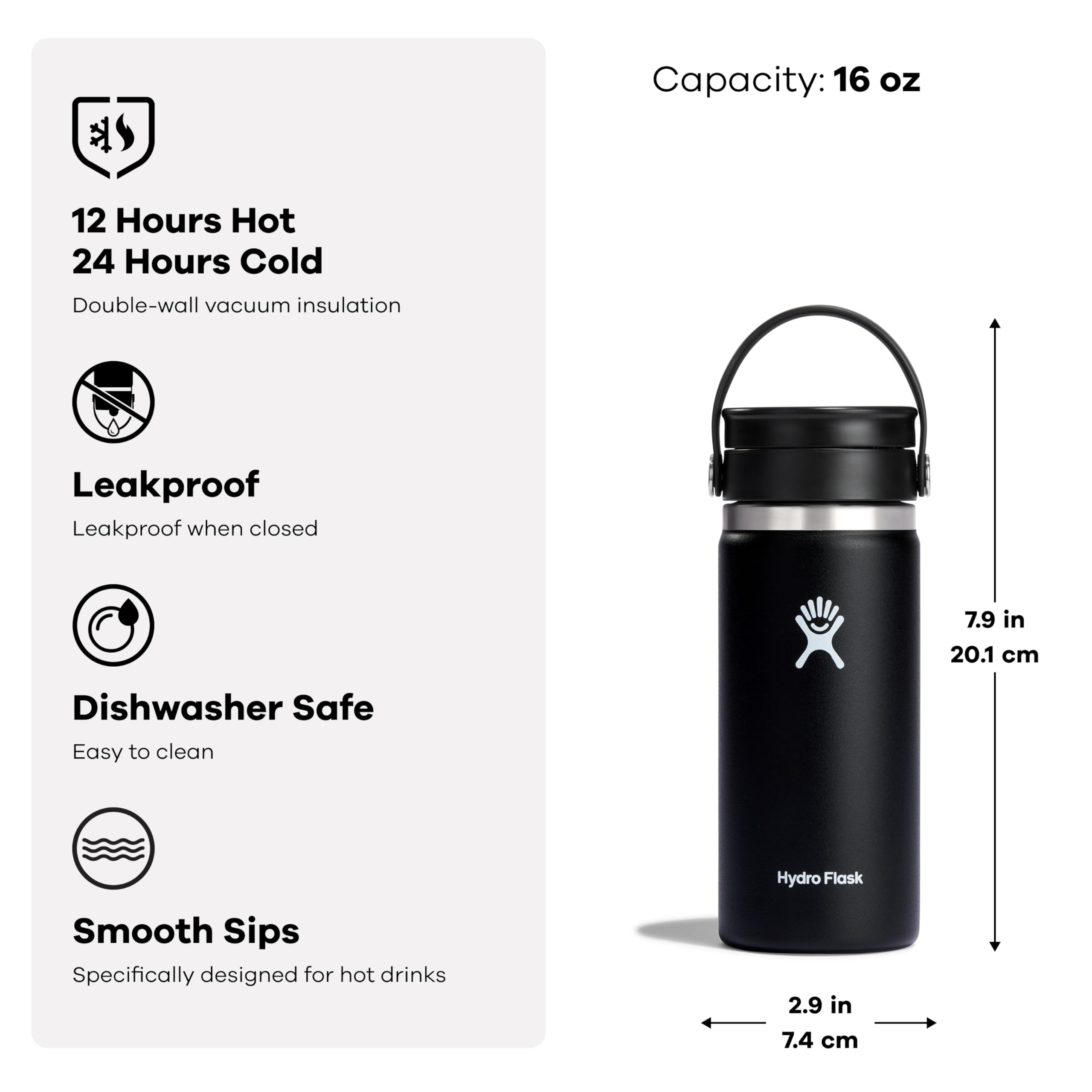 Hydro Flask 16 Oz Stainless Steel Wide Mouth Hot Water Bottle with Leakproof Flex Sip Lid, White