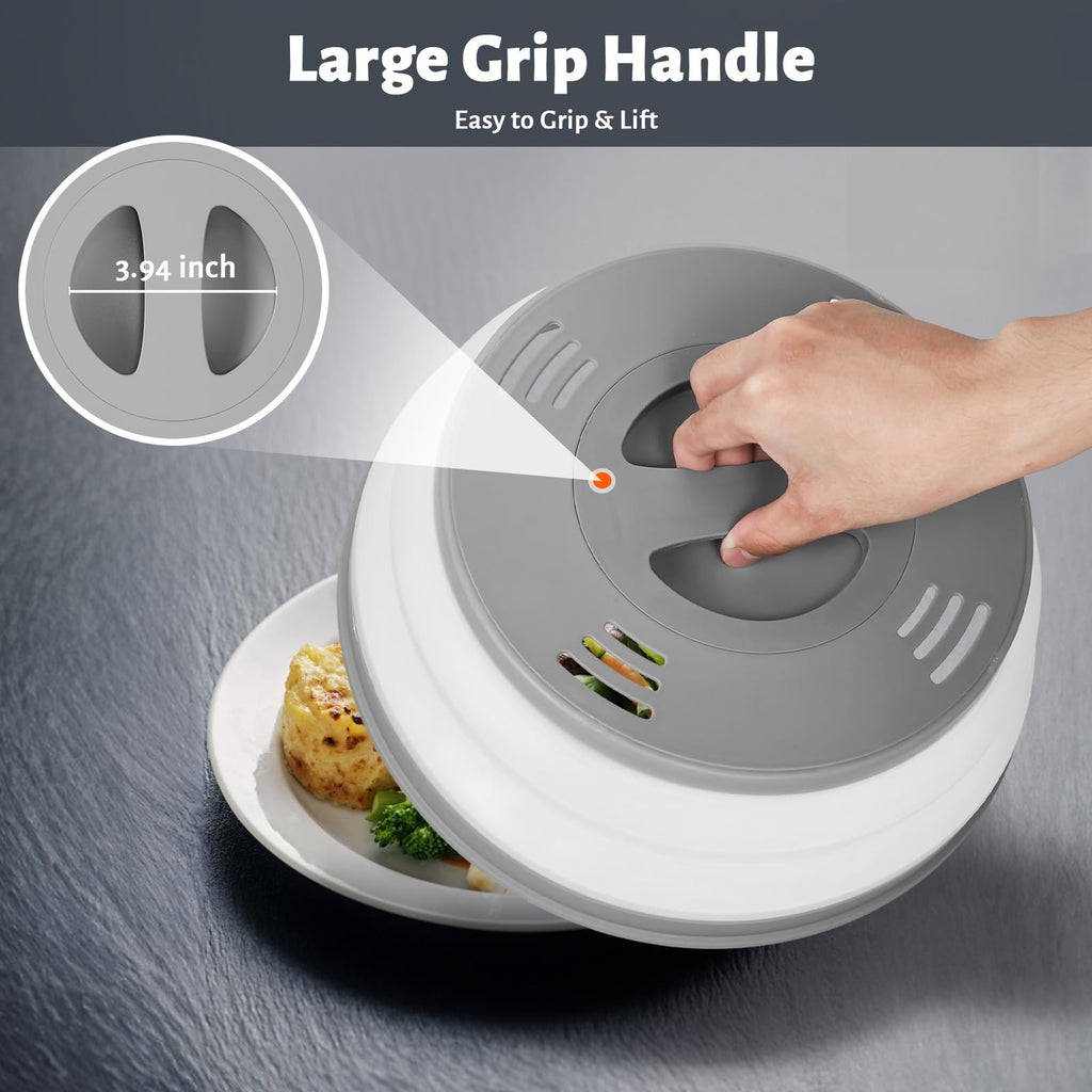 HomArtist Magnetic Microwave Covers for Food, Collapsible Microwave Splatter Cover 11”-12” Microwave Splatter Guard with Easy Grip Handle, Microwave Plate Cover with Steam Vents for Heating - Grey