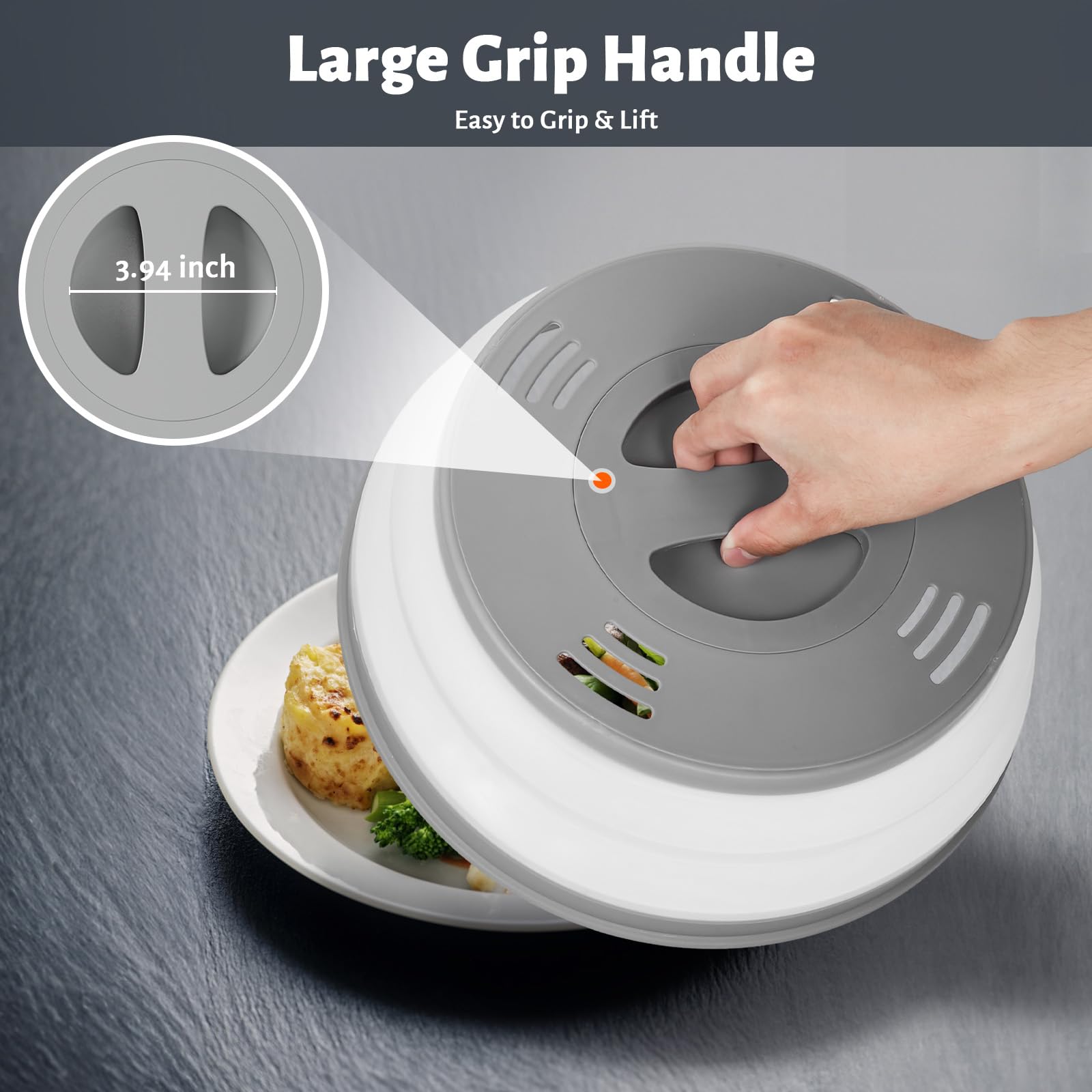 HomArtist Magnetic Microwave Covers for Food, Collapsible Microwave Splatter Cover 11”-12” Microwave Splatter Guard with Easy Grip Handle, Microwave Plate Cover with Steam Vents for Heating - Grey