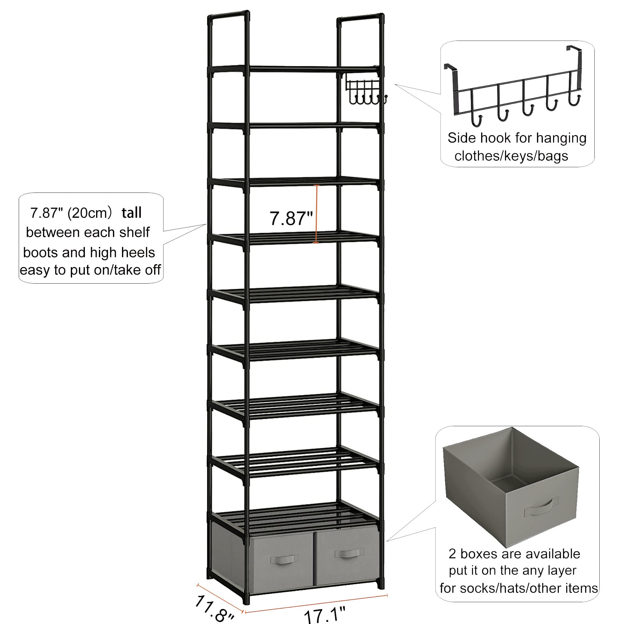 OYREL Tall Shoe Rack 10 Tier Narrow Shoes Rack 20 25 Pairs, Shoe Storage Shoe Organizer for Closet, Sturdy Metal Shoe Shelf with 2 Boxes 1 Hook