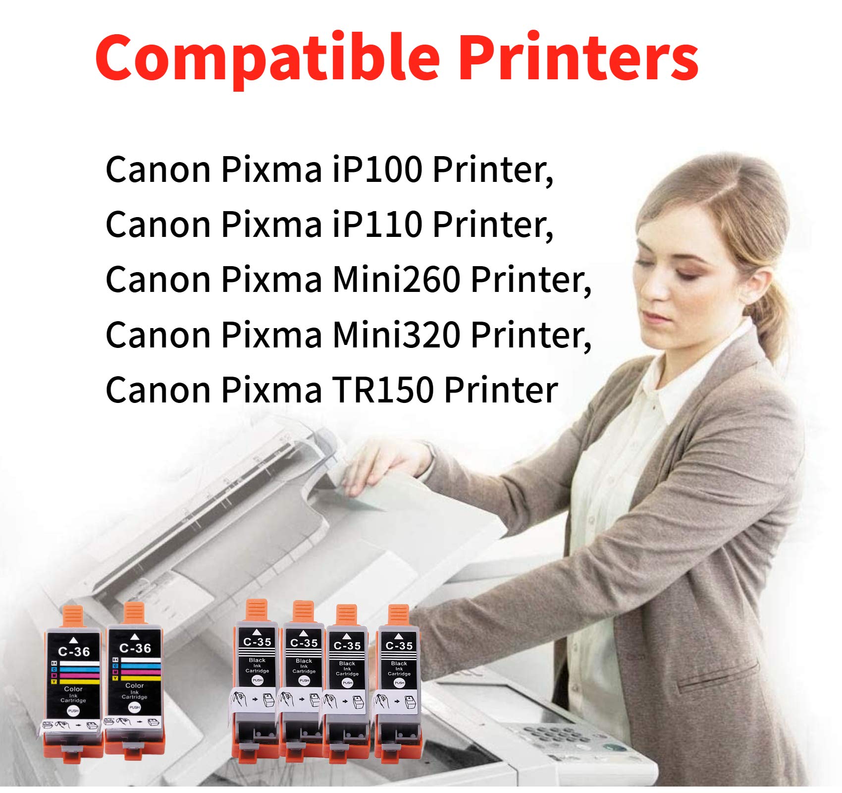 Compatible Canon 35 36 Ink Cartridge Replacement for Canon PGI-35 CLI-36 PGI35 CLI36 Ink Work with Canon Pixma iP110 iP100 TR150 Printers (4BK, 2CL)