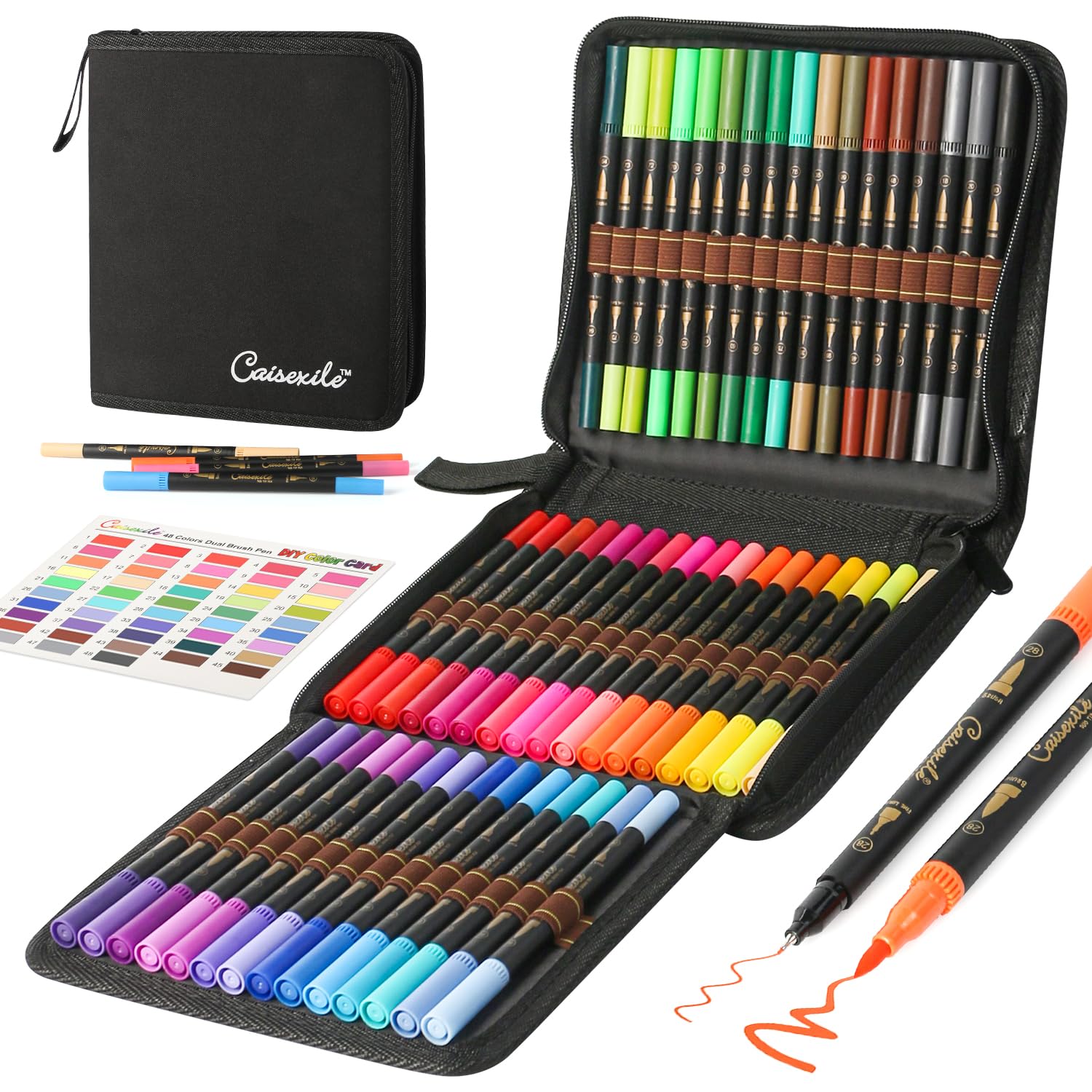 CAISEXILE 48 Color Duo Tip Pens, Fine Point Brush Coloring Art Markers & Journal Planer Pen Set for Adult Coloring Books Drawing Sketching Calligraphy Writing Note Taking