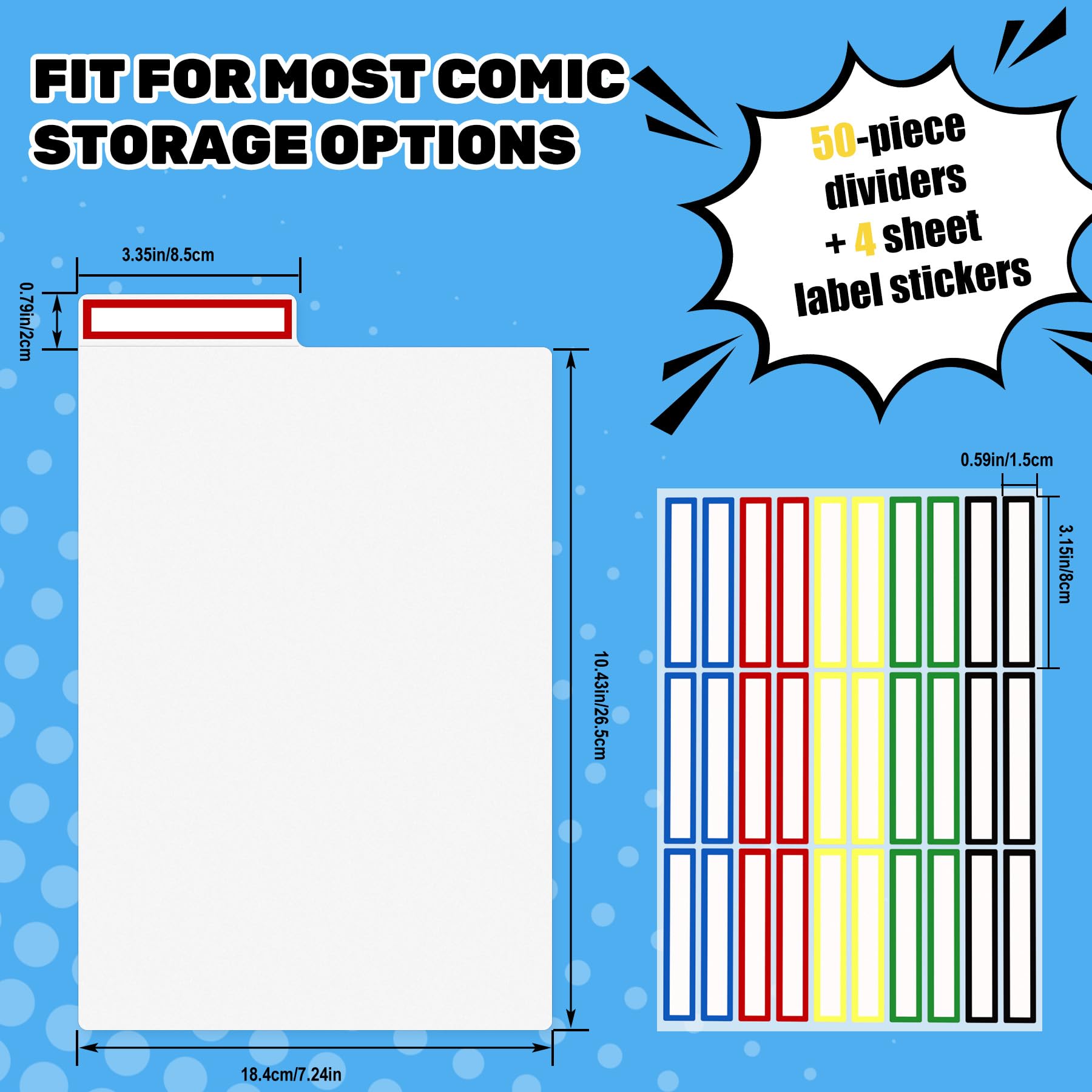 AKONEGE 50 Pack Comic Book Dividers with Tab and 4 Pack Colorful Label Stickers for Comic Book Storage Boxes Bins, 11.25" x 7.25" White Frosted Plastic Dividers Organize Boards for Fabric, Magazine