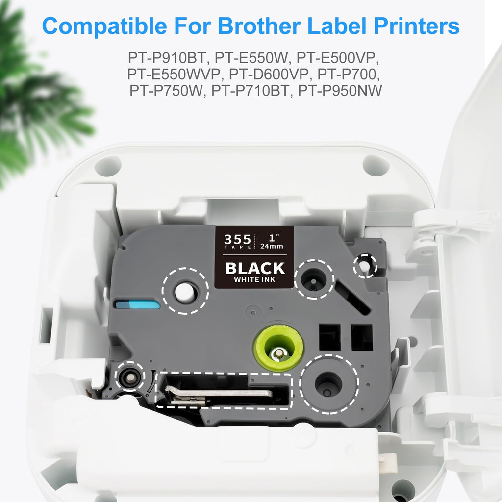 Absonic 3-Pack 24mm White on Black Label Tape Compatible for Brother Tze-355 Tz355 Tze355 Tz-355 PTouch Tze Tz Label Tape 24mm Laminated Black 1 Inch for PT-D600 PT-P700 PT-P710BT PT-P950NW PT-E500