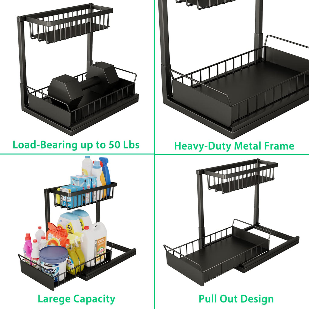 ADRIMER Under Sink Organizer, Pull Out Kitchen Sink Organizer, 2 Tier Slide Out Kitchen Organizers and Storage Metal Under Cabinet Storage Shelf, Black