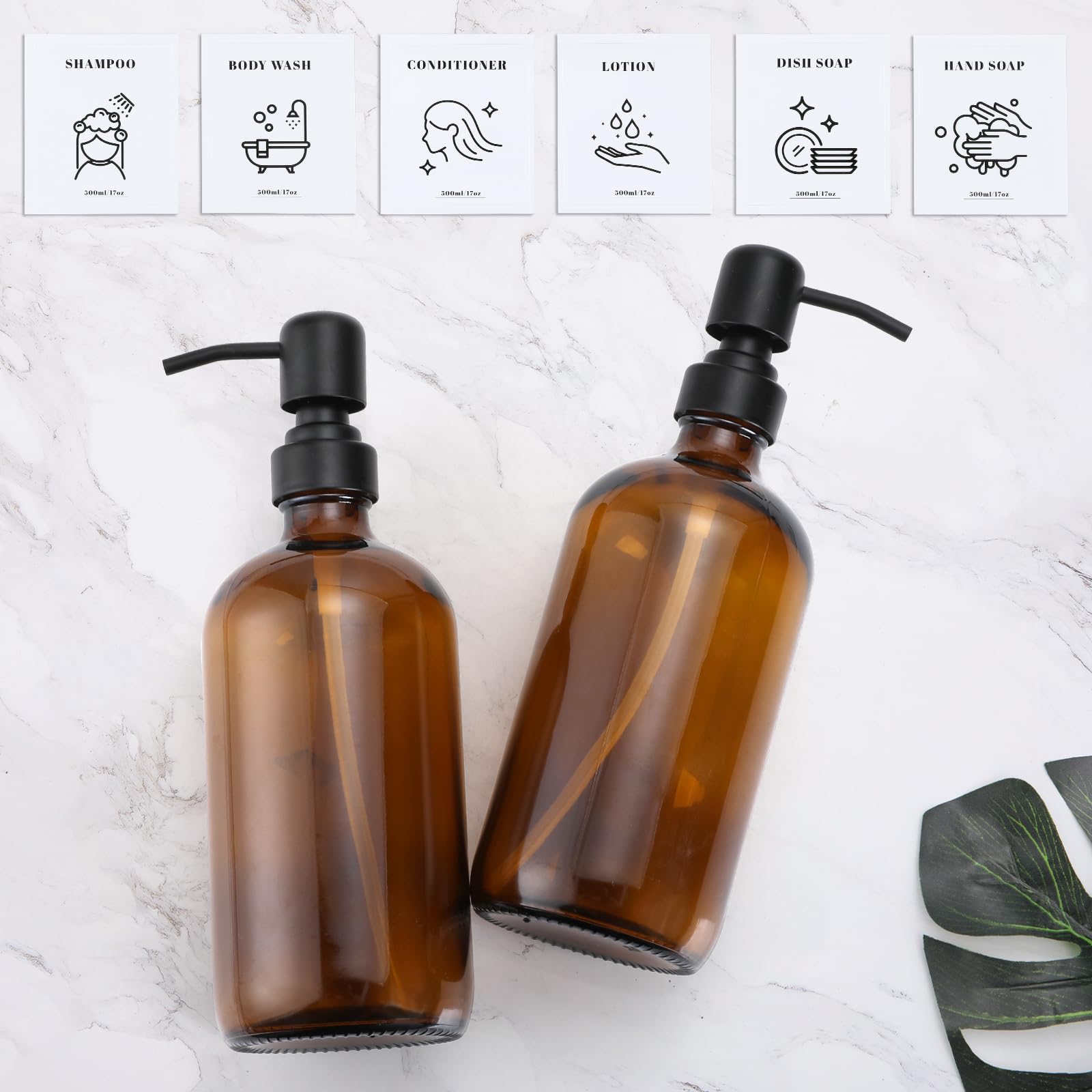 Ceecysaa Glass Soap Dispenser, 500 ml Soap Dispenser, 2 Pack Bathroom Hand Soap Dispenser with Pump, Amber Glass Bottles,Hand and Dish Soap Dispensers Sets for Kitchen,Bathroom