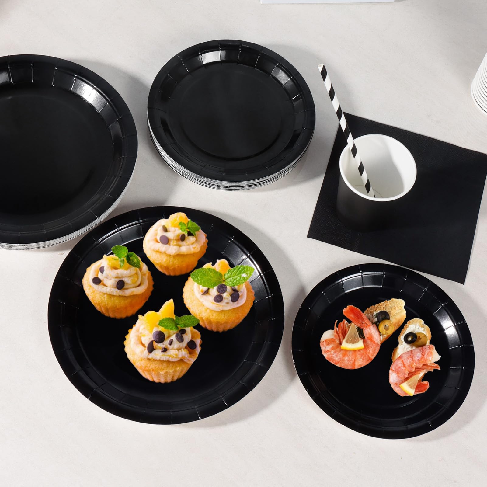 PYAILI 121 Pcs Black Party Tableware Set, Paper Plates Cups Napkins Tablecloth, Dinnerware Set for Kids Adult Birthday,Wedding,Baby Shower Party Tableware