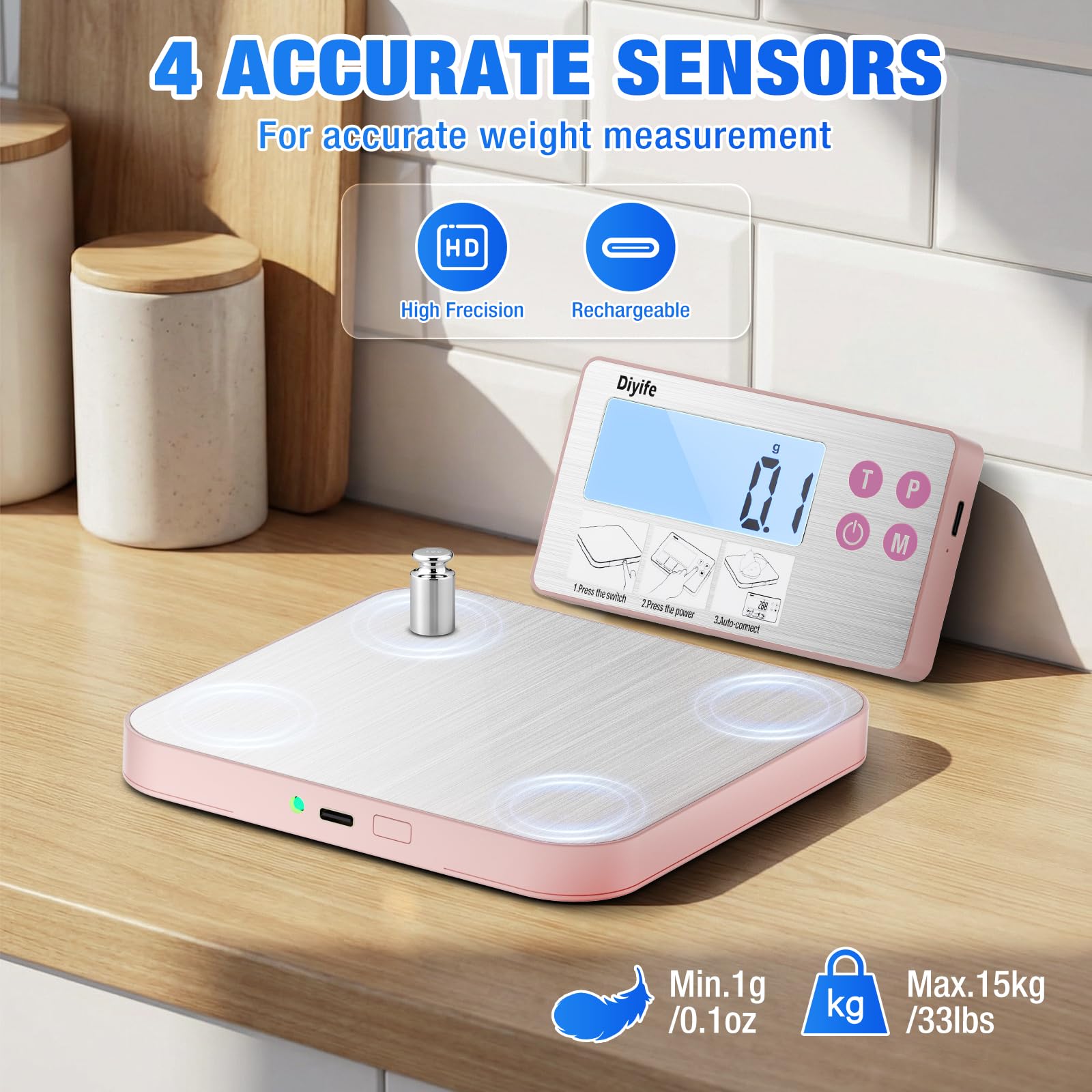 Rechargeable Separate Digital Food Scale, [33lb/15kg] Diyife Magnetic Weighing Kitchen Scale with Detachable Display, Stainless Steel Platform, Tare Function, Suit for Baking, Coffee, Cooking(Pink)