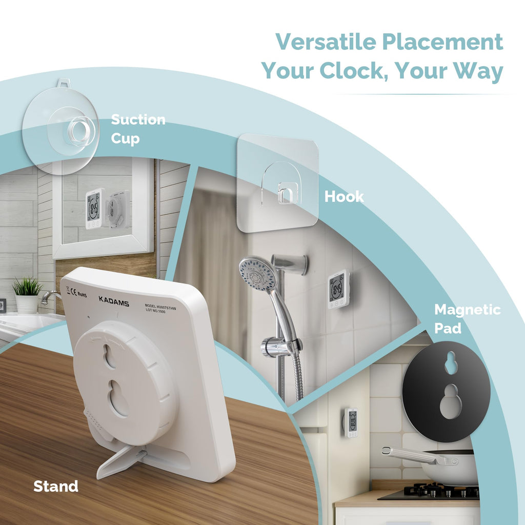 KADAMS Digital Bathroom Shower Kitchen Clock Timer, Waterproof for Water Splashes, Visual Countdown Timer, Time Management Tool, Indoor Temperature Humidity, Suction Cup, Hole Stand - White