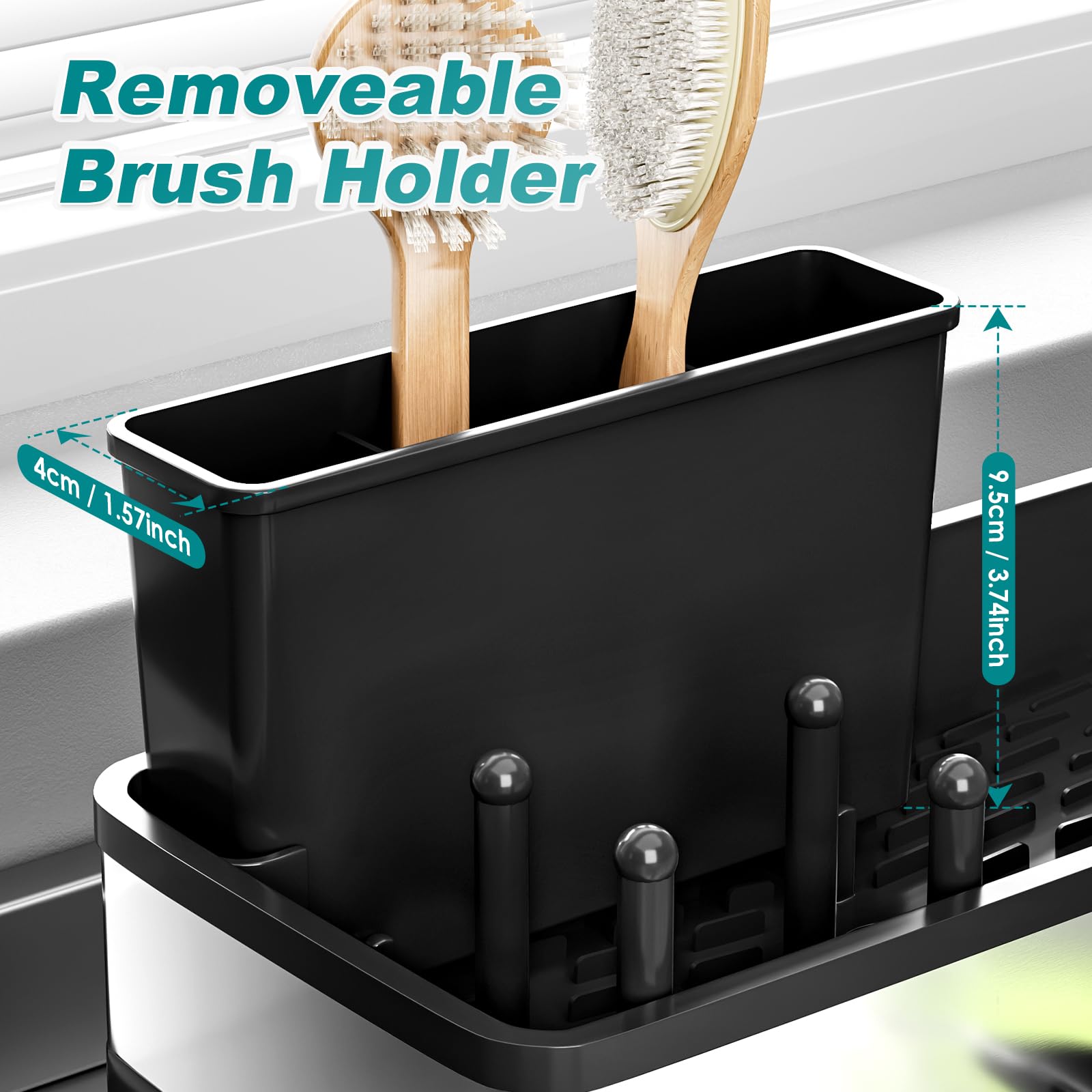 Ewaiira Stainless Steel Sink Caddy, Sponge Holder for Kitchen Sink with Brush Holder & Dishcloth Rack, Rustproof Sink Organizer Countertop, Soap Dispenser Kitchen Organizers Storage Essentials, Black