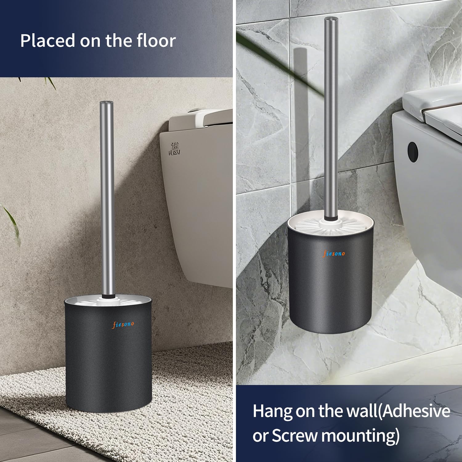 FIESONO Toilet Brush and Holder Set, Toilet Bowl Brush with Stainless Steel Light Brush Handle, Soft Bristle, Wall Mounted/Floor Standing for Bathroom Space Saving