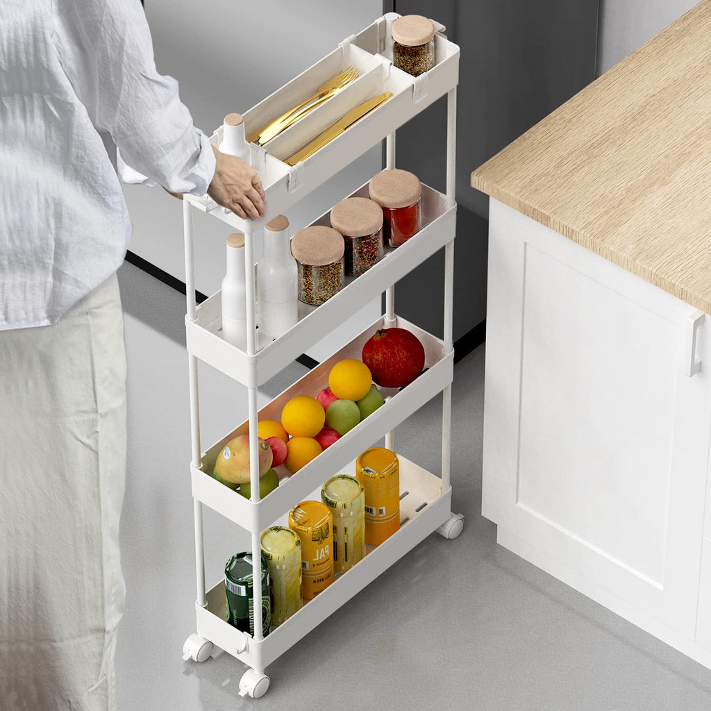 SPACELEAD Slim Storage Cart 4 Tier,Bathroom Storage Organizer Rolling Utility Cart, Mobile Shelving Unit Slide Out Storage Cart for Office, Bathroom, Kitchen, Laundry Room & Narrow Places,White