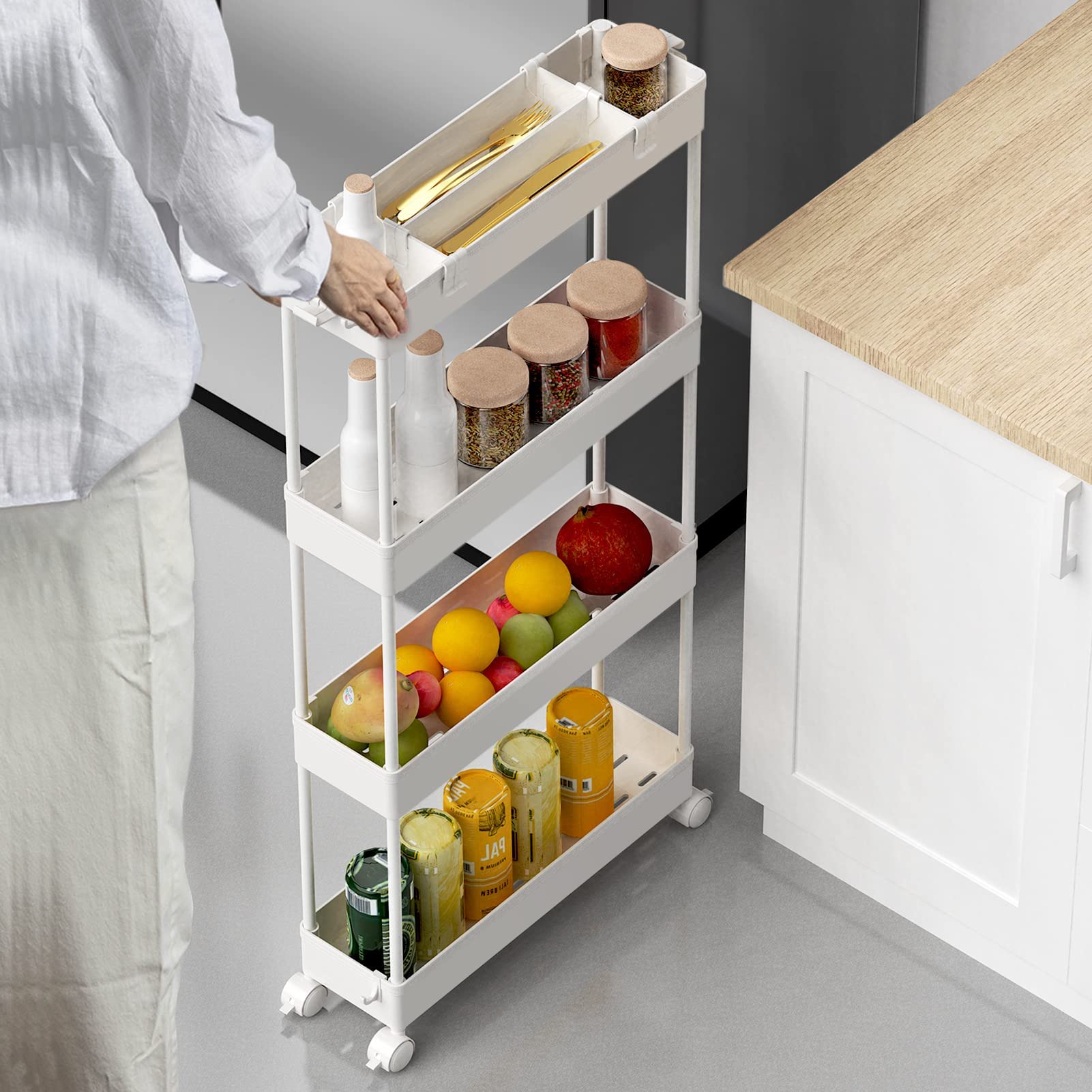 SPACELEAD Slim Storage Cart 4 Tier,Bathroom Storage Organizer Rolling Utility Cart, Mobile Shelving Unit Slide Out Storage Cart for Office, Bathroom, Kitchen, Laundry Room & Narrow Places,White