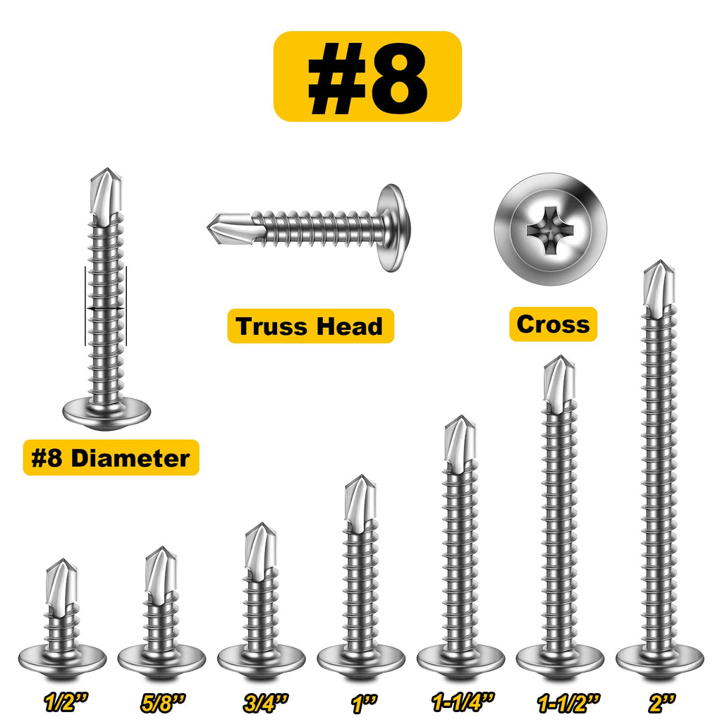 Mywish 200pcs #8×1" Self Tapping Screws for Metal, Sheet Metal Screws 410 Stainless Steel Truss Head Self Drilling Screws High-Strength Quick Tapping Screws