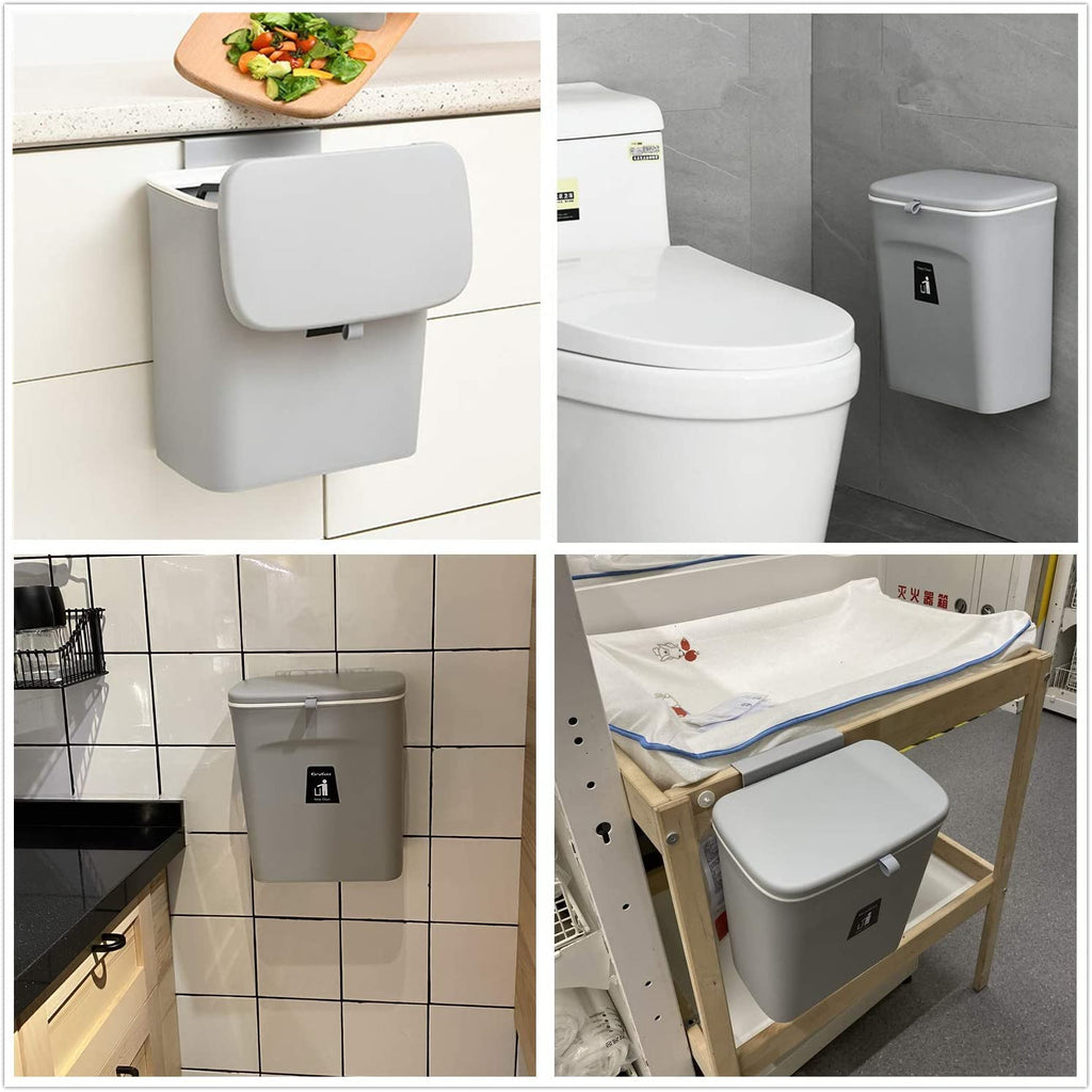 Mujingxin 2.4 Gallon Kitchen Compost Bin for Counter Top or Under Sink, Hanging Small Trash Can with Lid for Cupboard/Bathroom/Bedroom/Office/Camping, Mountable Indoor Compost Bucket, Gray