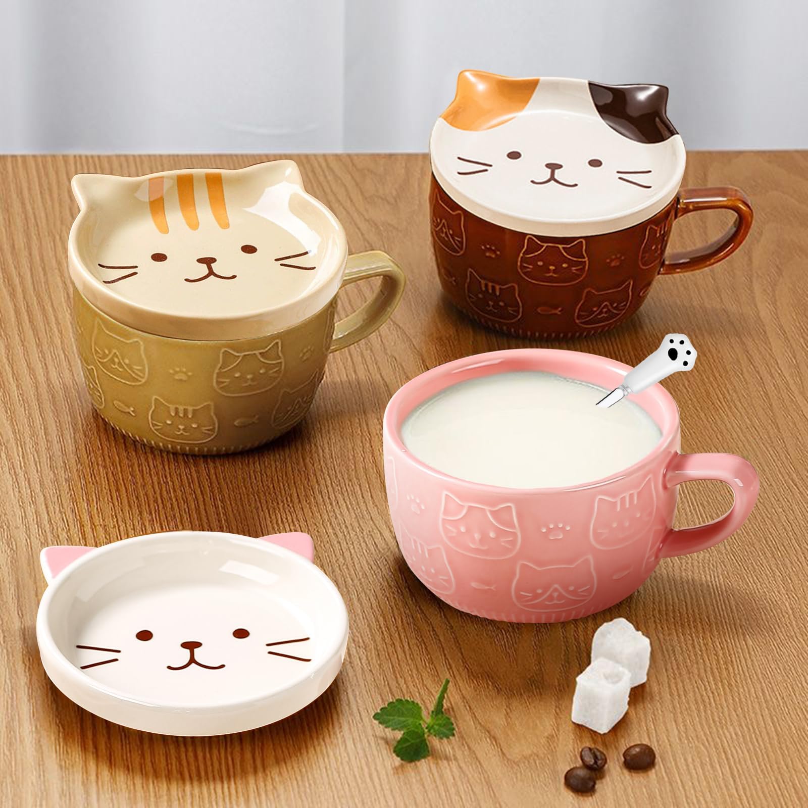 Gifts for Women,Pink Cat Kawaii Coffee Mugs with Lids,Christmas Birthday Gifts for Girls,Friends,Mom,Novelty Animal Ceramic Tea Cup,Dessert Saucer Set