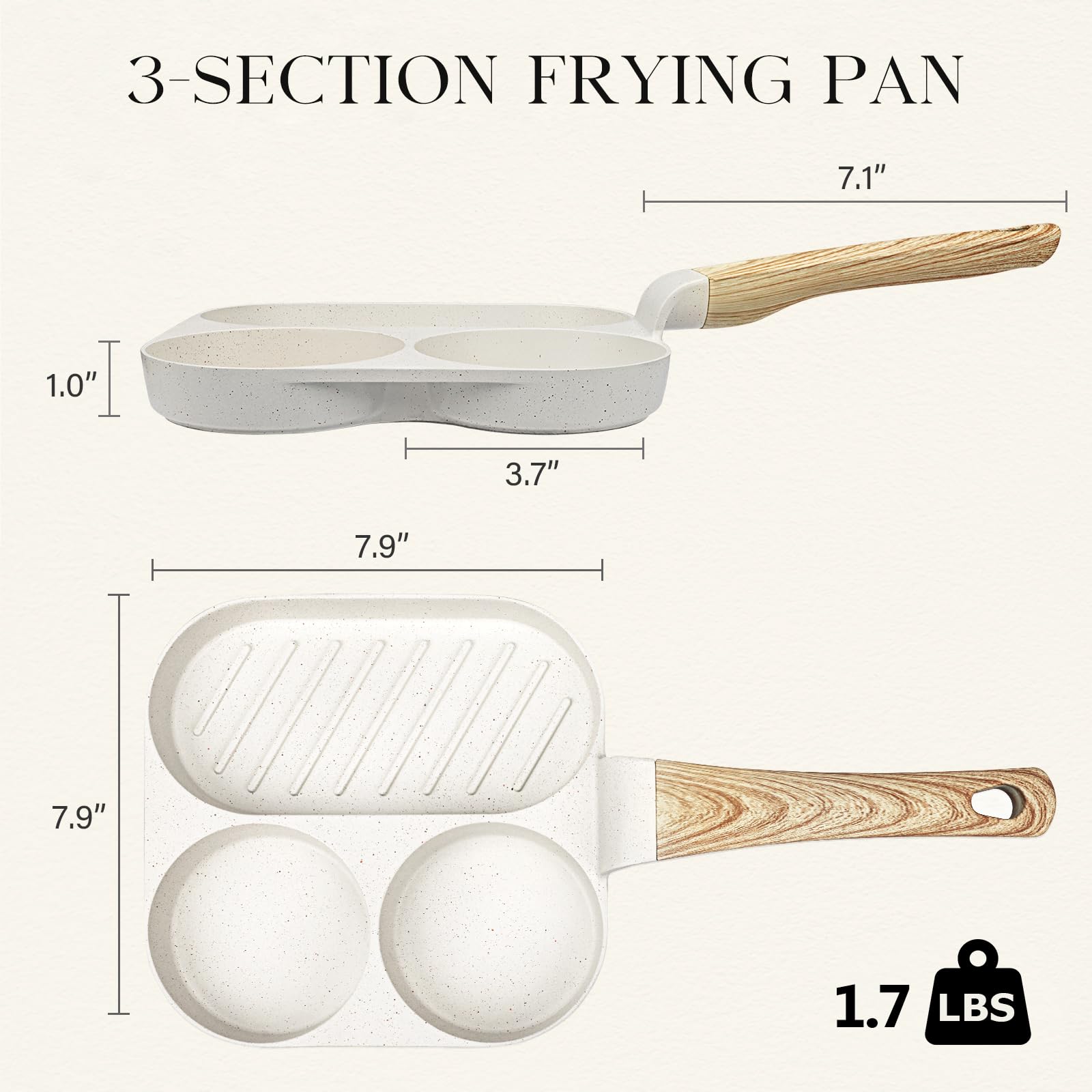 GiPP Ceramic Non Stick Egg Pan, 3-in-1 Divided Breakfast Omelette Frying Pan, 7.9" with Heat-Resistant Handle, Compatible with All Stove Tops, PFOA/POFS/PTFE Free, White