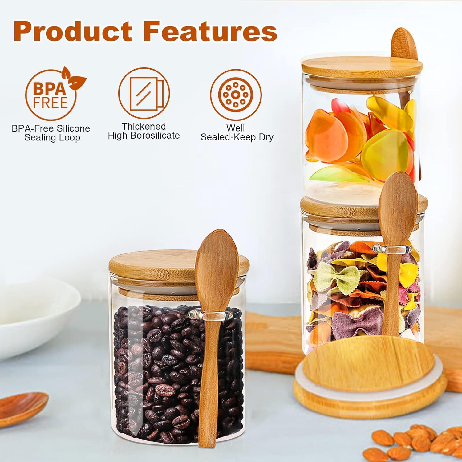 4 Pack Glass Jars with Airtight Bamboo Lid and Spoon, 500ml Overnight Oats Jars, Kitchen Spice Jars Storage Containers, Kitchen Food Storage Canister for Spice, Salt, Sugar, Seeds, Coffee, Nuts etc