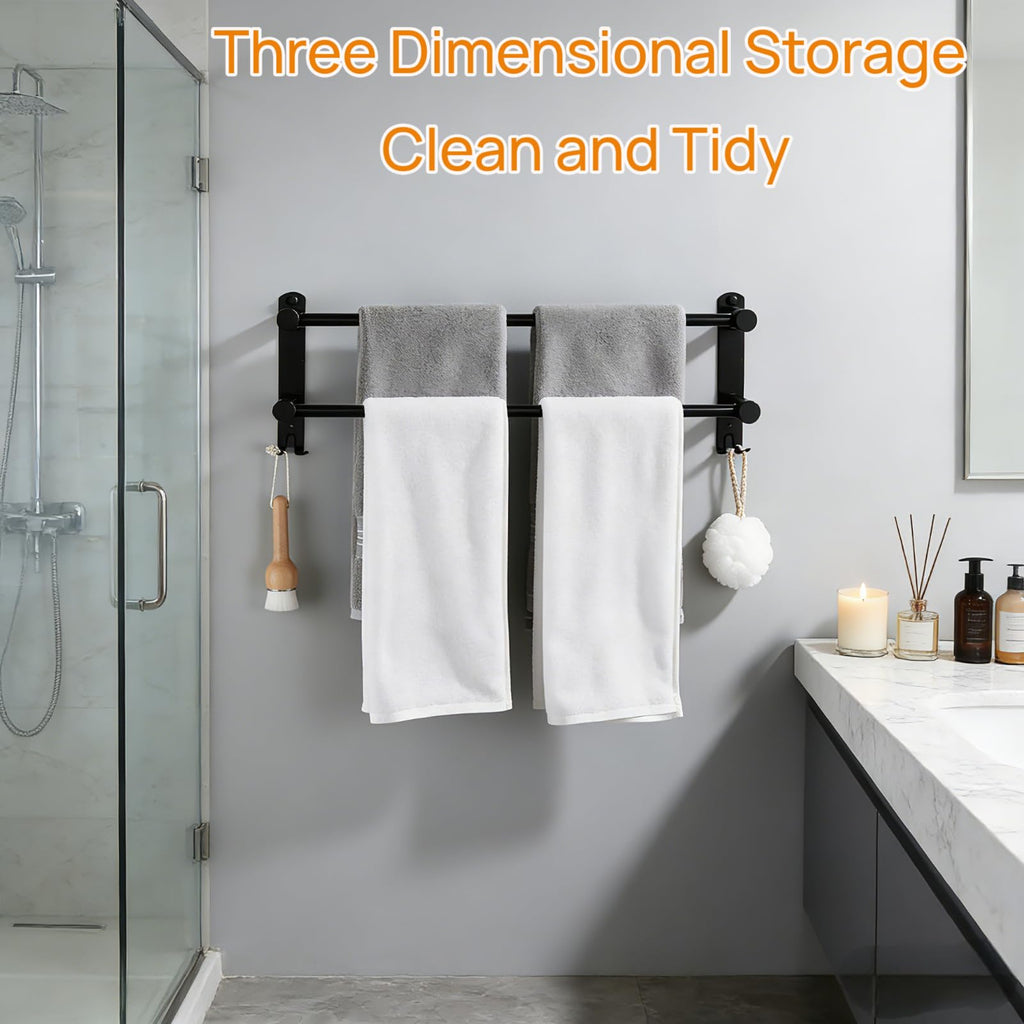 MEKENSO SUS304 Dual Bar Adjustable Towel Bar, Expandable Space Saving Towel Rack, Bathroom Towel Holder with Double Hook 16.9 to 29.9 Inch, No Drill/Screw Installation.（Black）