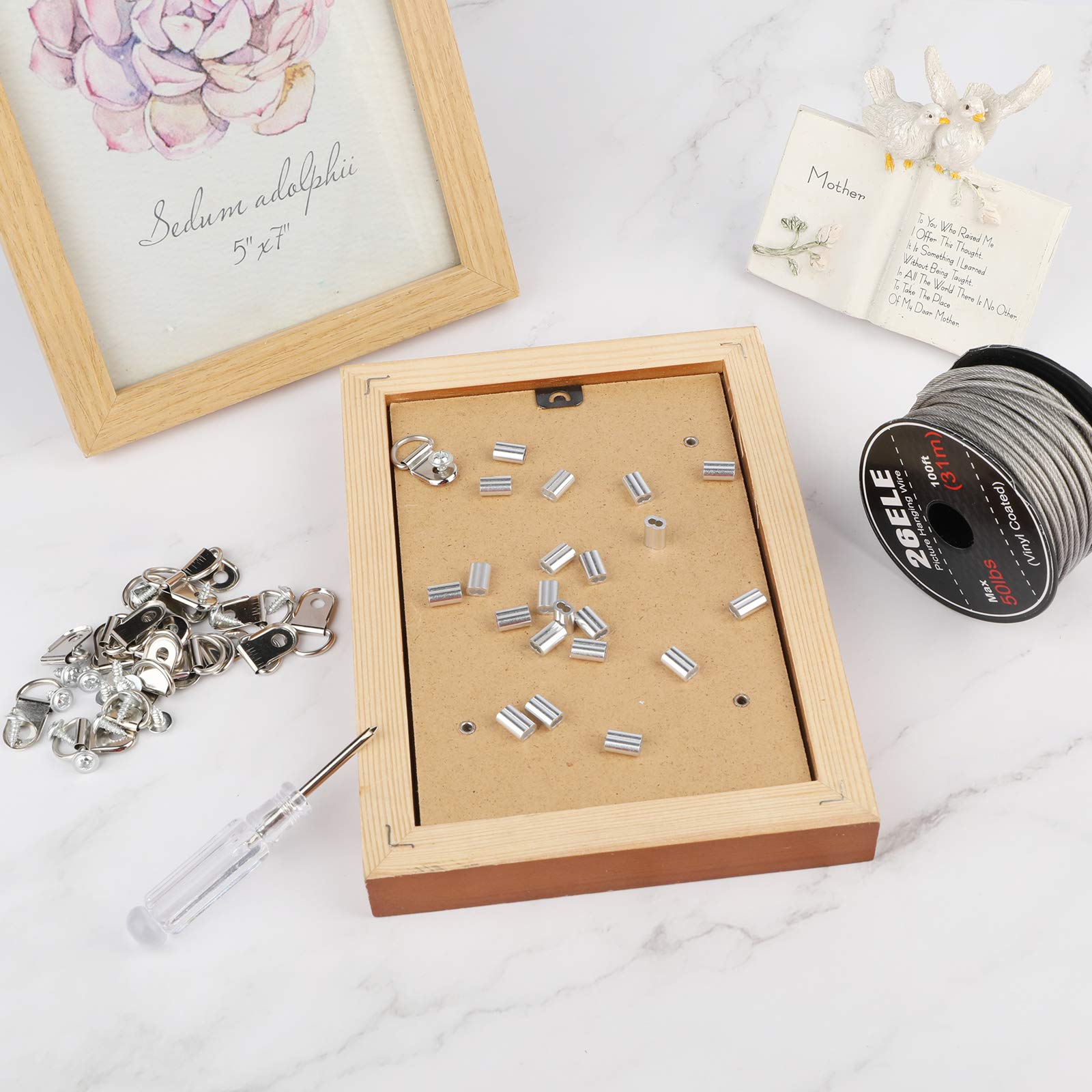 26ELE Picture Hanging Kit, Including Picture Hanging Wire(100 feet) Supports Up to 50lbs, D Ring Picture Hangers and Screws(20pcs Each), 20Pcs Aluminum Crimping Sleeves and 1 Screwdriver