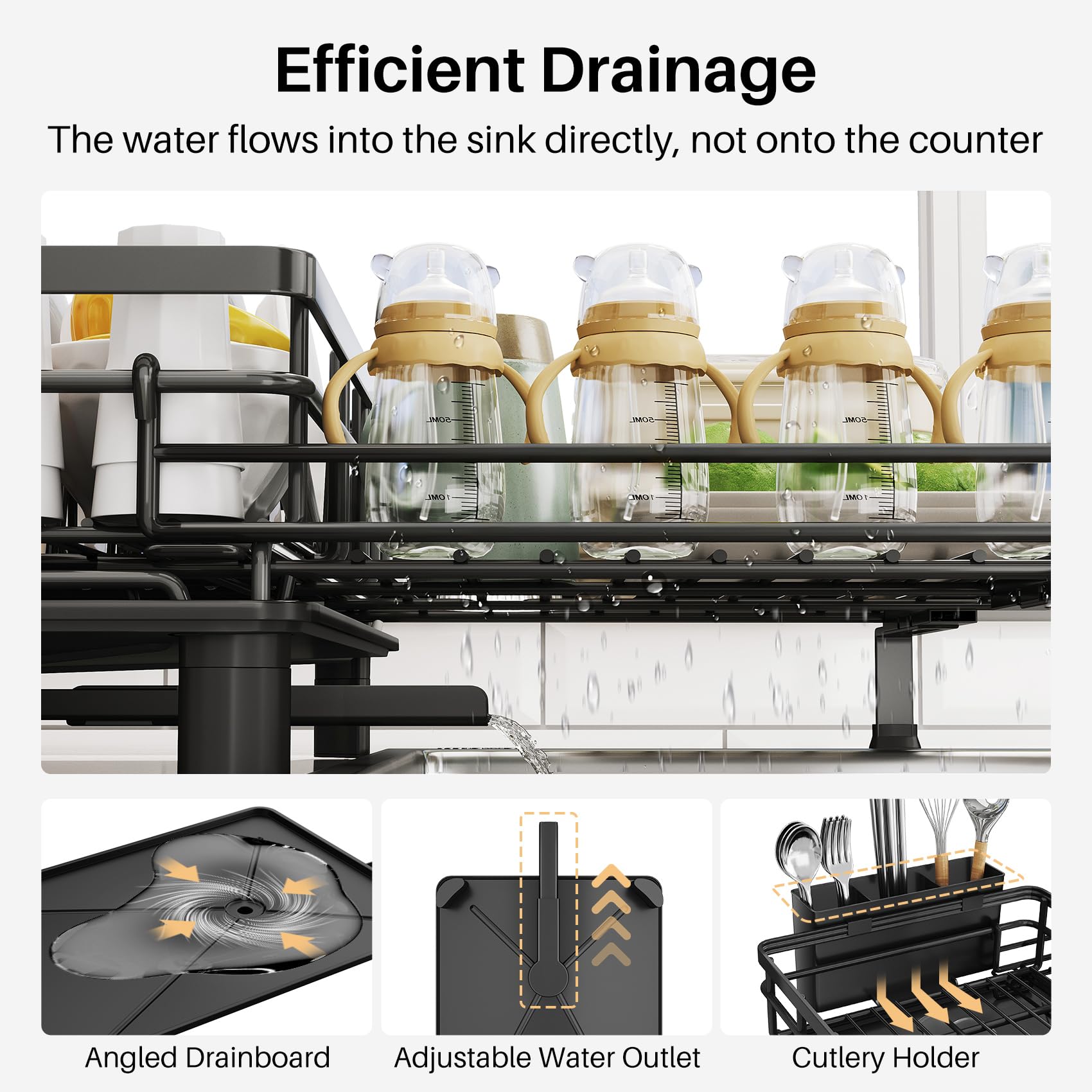 Dish Drying Rack - Extendable Dish Rack, Large Sink Drying Dish Drainer for Kitchen Counter, Stainless Steel Dish Strainer with Utensil Holder (Black)