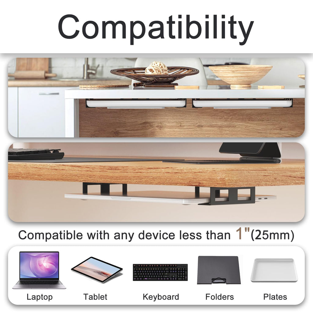 Joythink Universal Under Desk Metal Mount Laptop Holder Tray with Anti-Scratch Under Table Hidden Docking Station Holder Silicone Under Desk Mount for Laptop Keyboard Tablet Kitchen 3 PCS