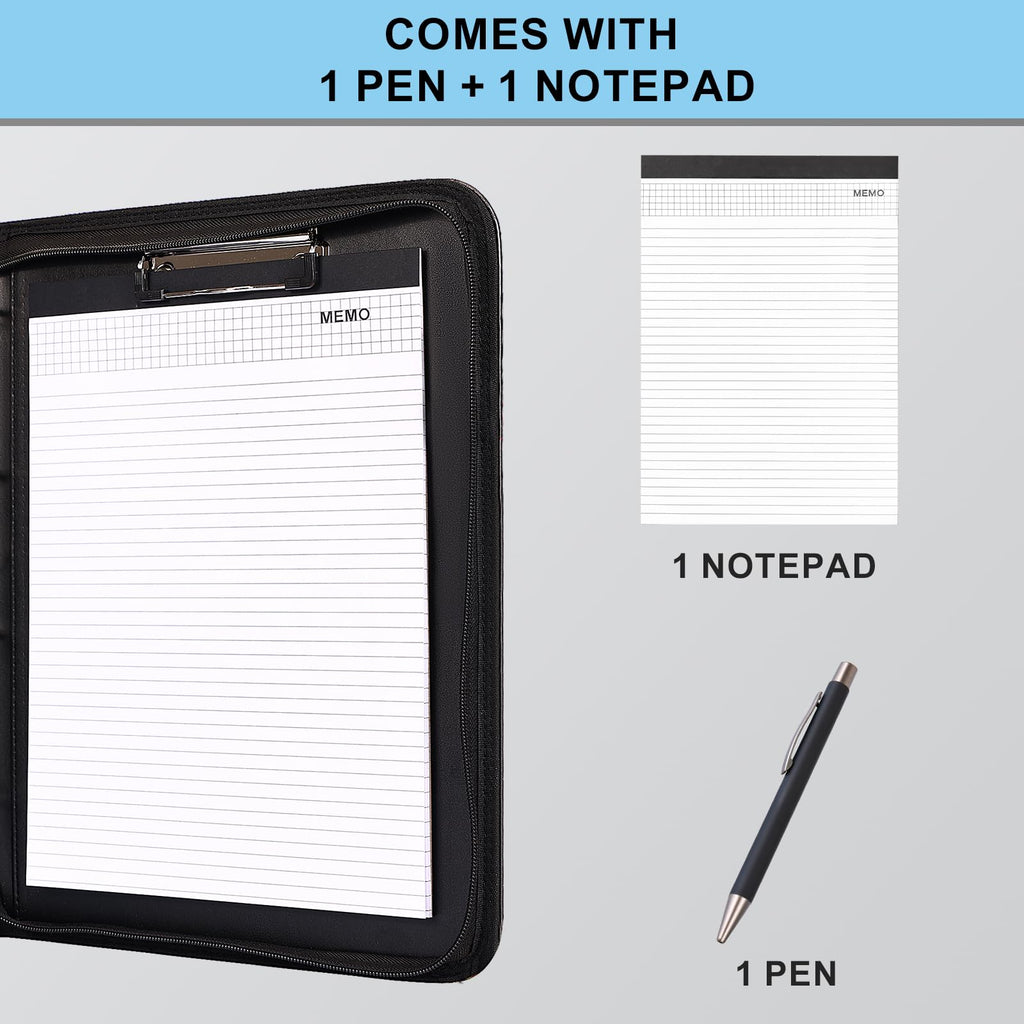 Eshow Padfolio with Zipper, Vegan Leather Portfolio for Business School, Portfolio Folder with 1 Notepad and 1 Pen for Men Women