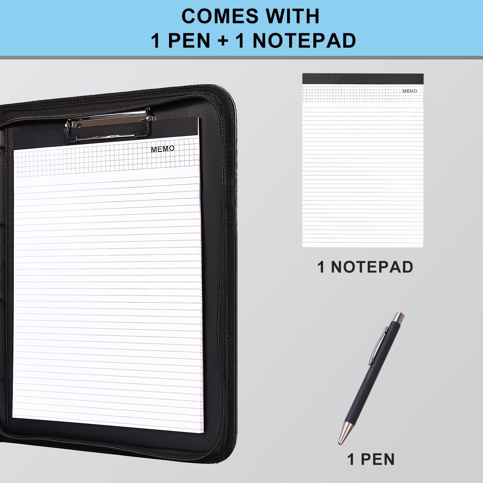 Eshow Padfolio with Zipper, Vegan Leather Portfolio for Business School, Portfolio Folder with 1 Notepad and 1 Pen for Men Women