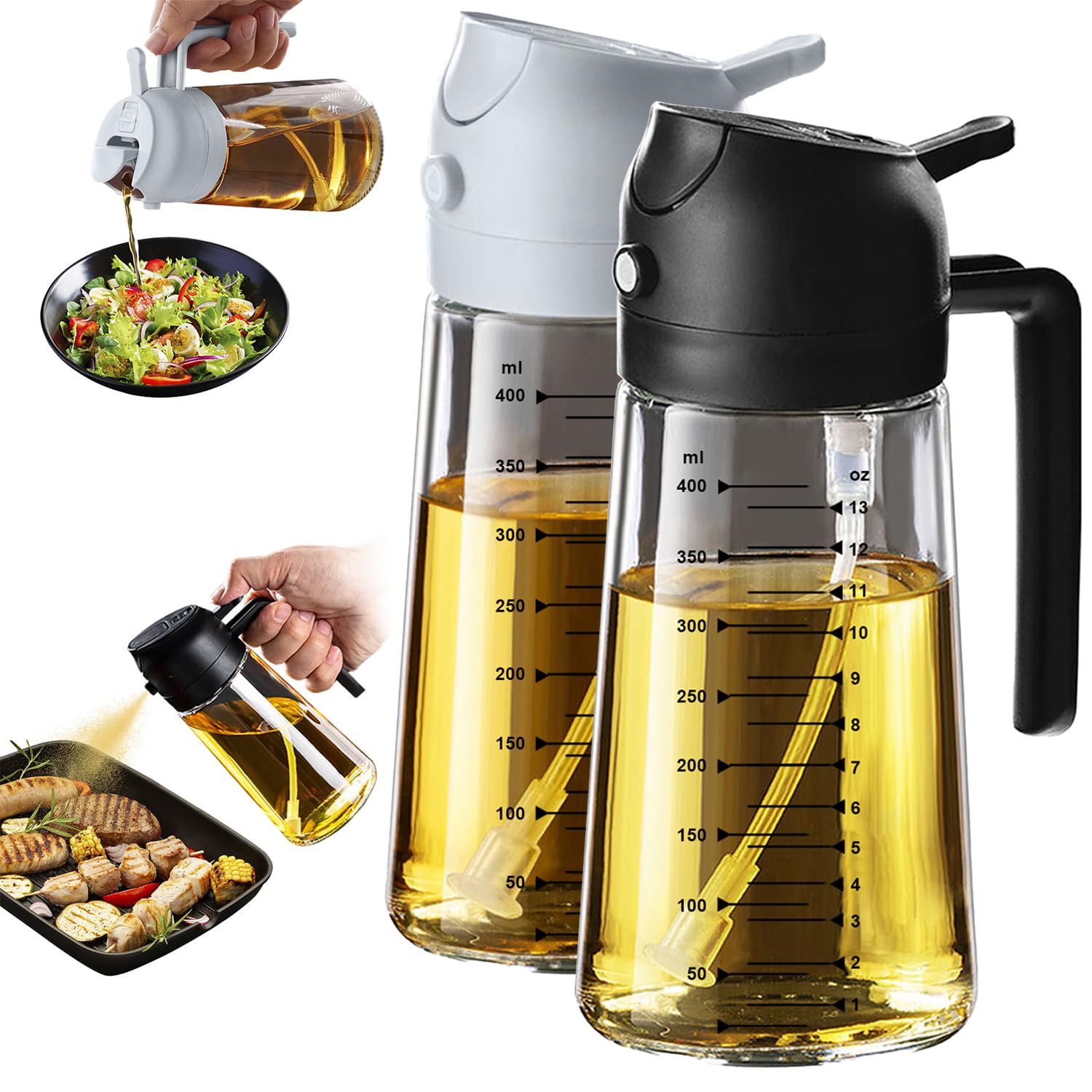 TrendPlain 470ml Olive Oil Spray Bottle for Kitchen Gadgets - 2 in 1 Olive Oil Dispenser Bottle and Air Fryer Accessories for Cooking, Salad and BBQ - Black & Ash