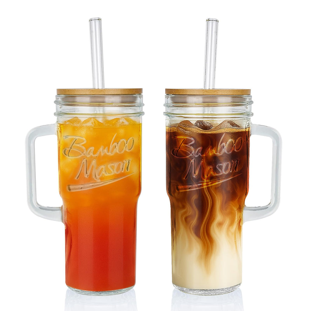 ANOTION Glass Cups with Lids and Straws - 24 oz Tumbler with Handle Halloween Coffee Cups Glass Straws Mason Jar Cups Drinking Set Kitchen Essentials Coffee Bar House Warming Gifts New Home
