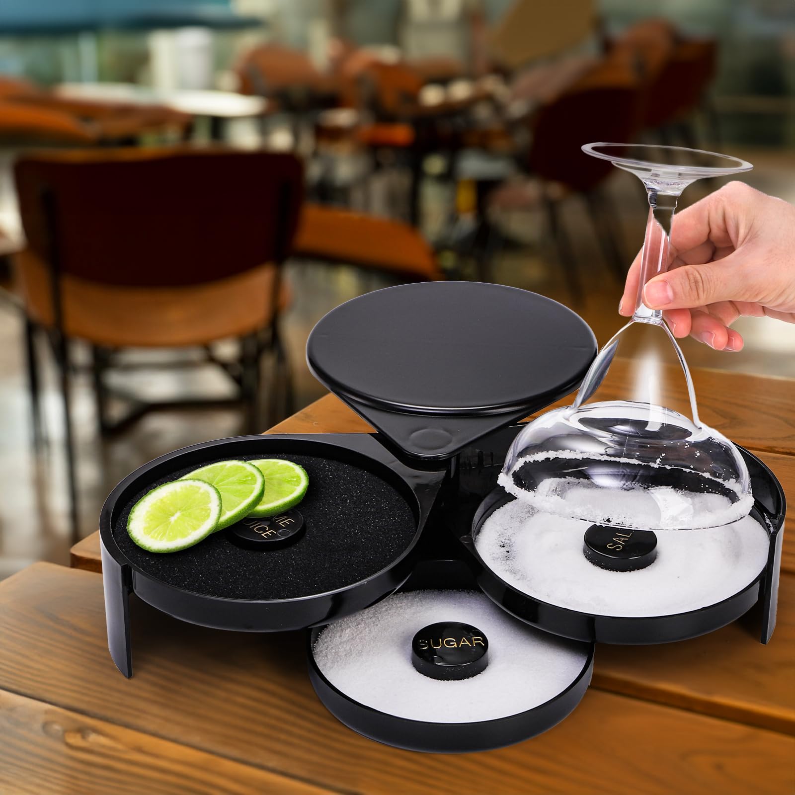 Suwimut 2 Pack 3 Tier Bar Glass Rimmer Bartender Tool with Sponge, Black Plastic Sugar Salt Glass Rimming with 3 Swing Out Trays for Margarita and Cocktail