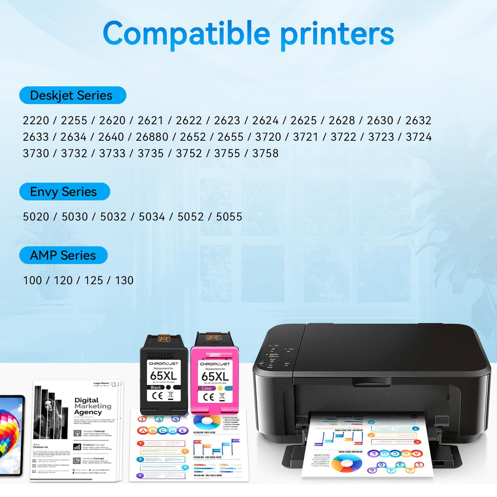 Chromojet 65XL Ink Cartridge Black Color Combo Pack Compatible for HP 65 Ink Cartridges fit for DeskJet 3755 2655 3752 2600 3700 2652 3720 2622 2620 Envy 5055 5052 5000 5010 5070 5030 Printer,2 Pack