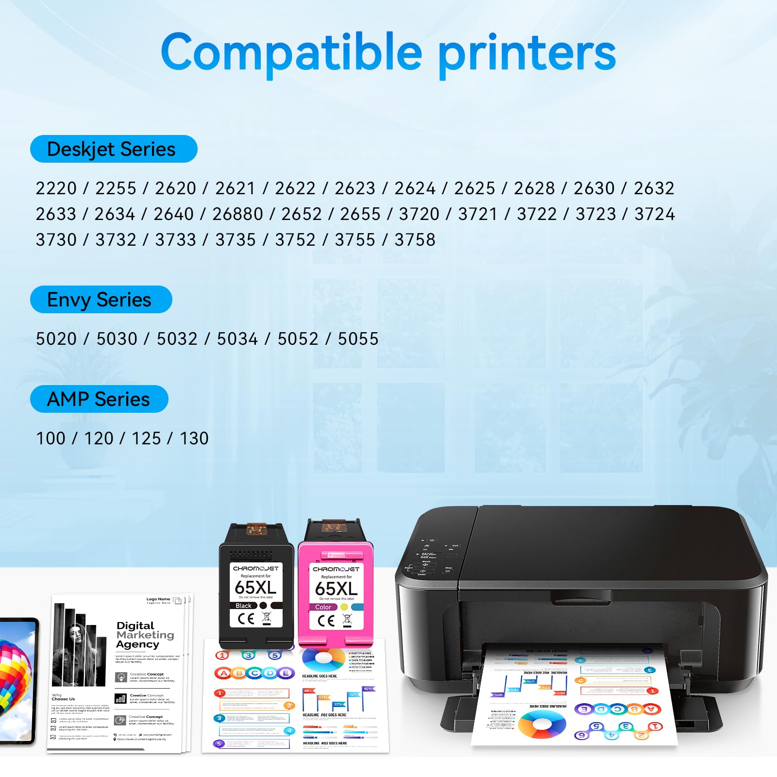 Chromojet 65XL Ink Cartridge Black Color Combo Pack Compatible for HP 65 Ink Cartridges fit for DeskJet 3755 2655 3752 2600 3700 2652 3720 2622 2620 Envy 5055 5052 5000 5010 5070 5030 Printer,2 Pack